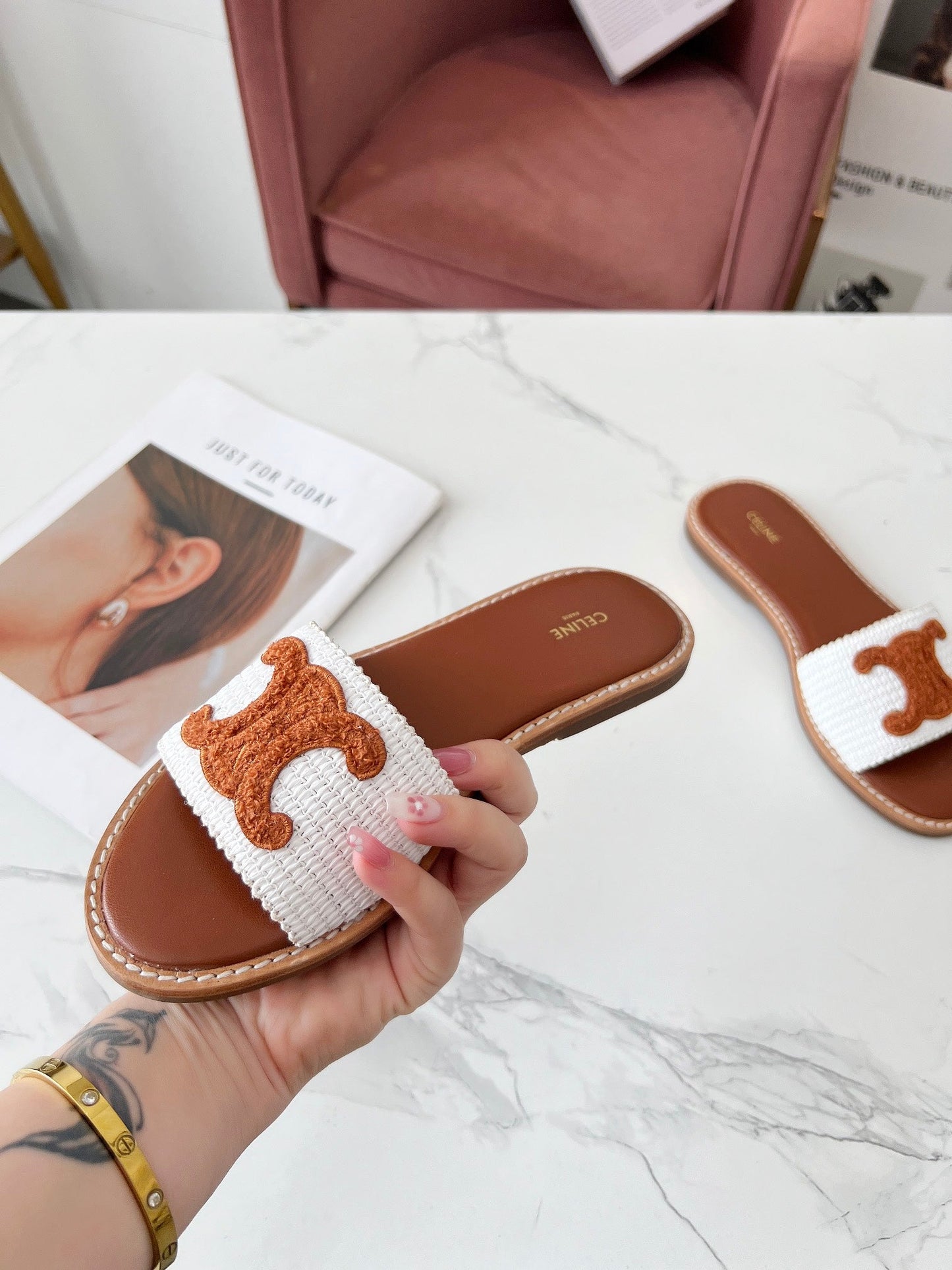 LYMPIA MULE WHITE RAFFIA AND TAN WOOL - 35