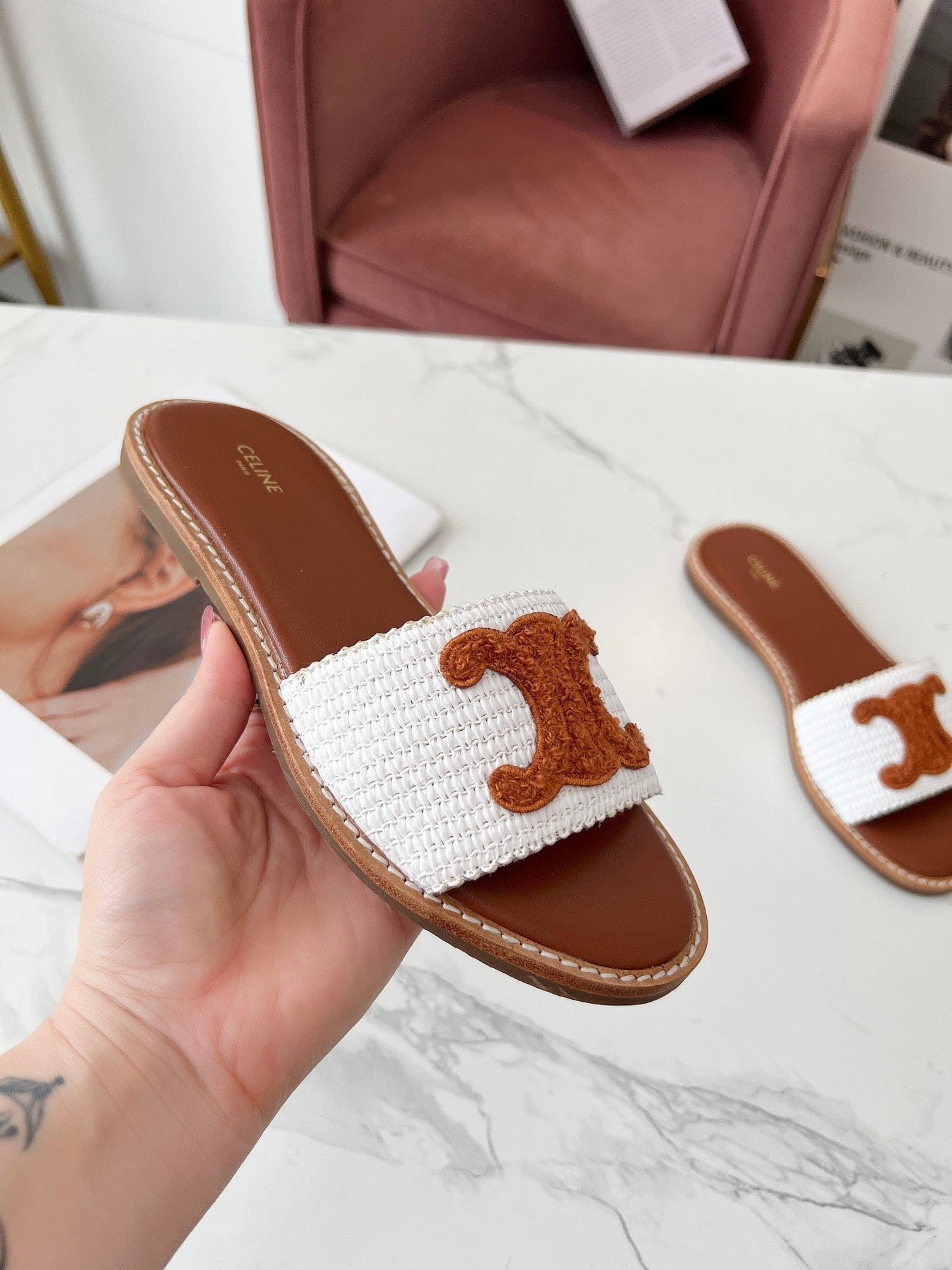 LYMPIA MULE WHITE RAFFIA AND TAN WOOL - 35