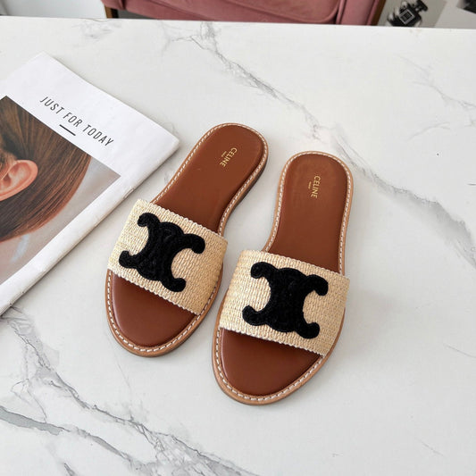 LYMPIA MULE BEIGE RAFFIA BLACK WOOL LOGO - 35