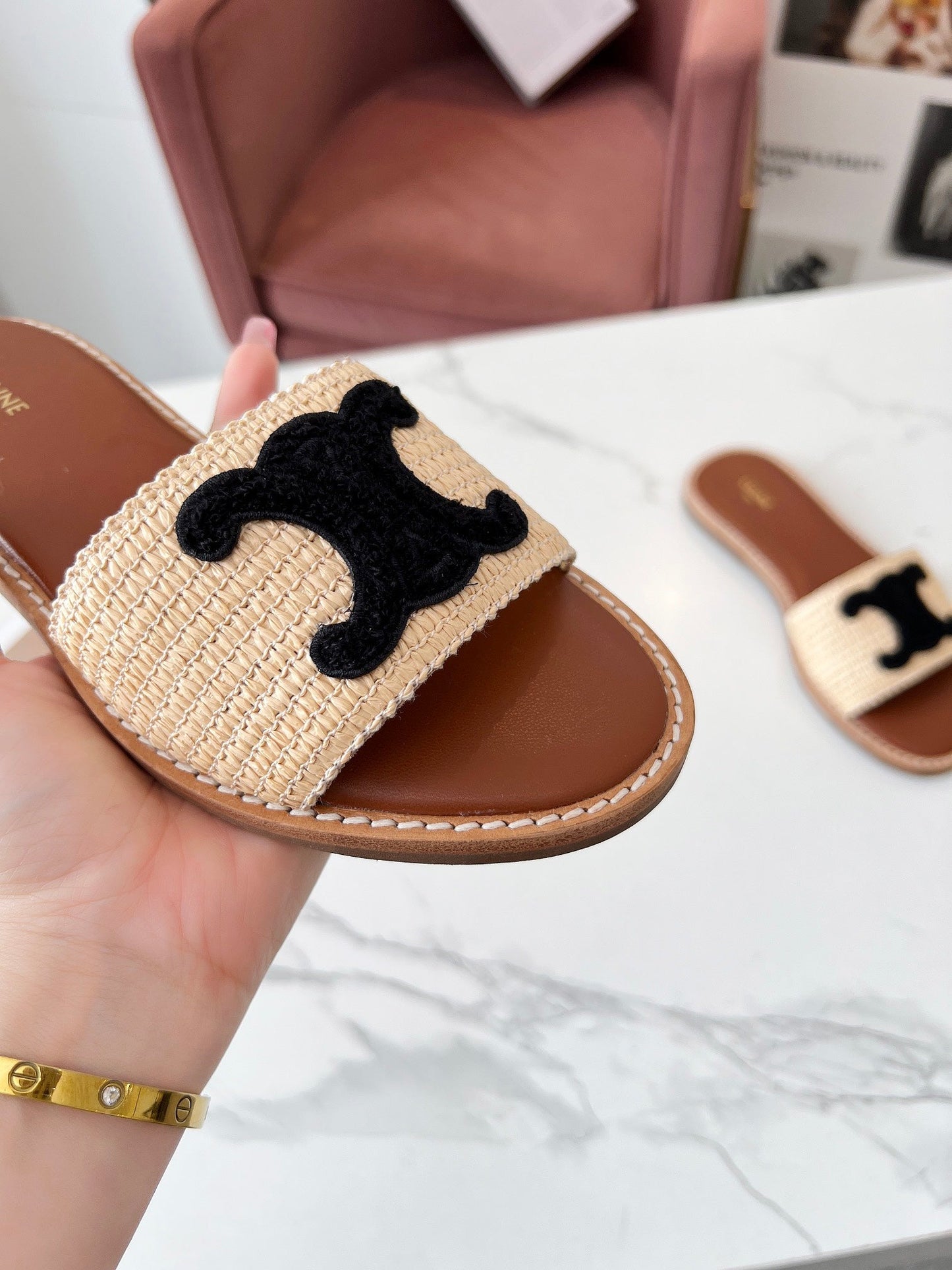 LYMPIA MULE BEIGE RAFFIA BLACK WOOL LOGO - 35