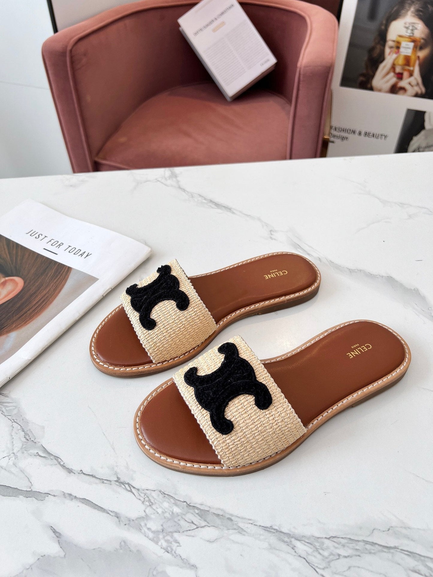 LYMPIA MULE BEIGE RAFFIA BLACK WOOL LOGO - 35