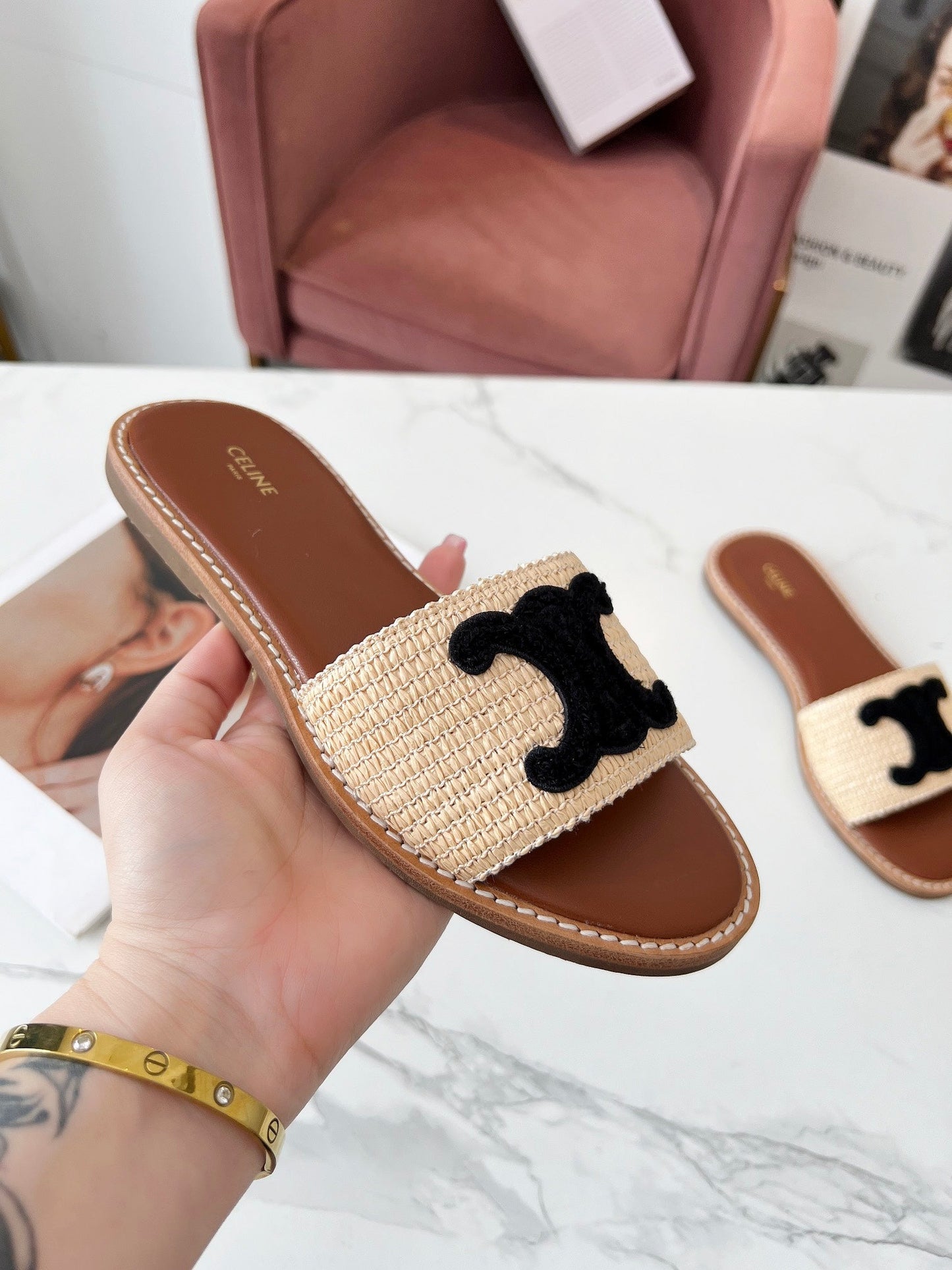 LYMPIA MULE BEIGE RAFFIA BLACK WOOL LOGO - 35