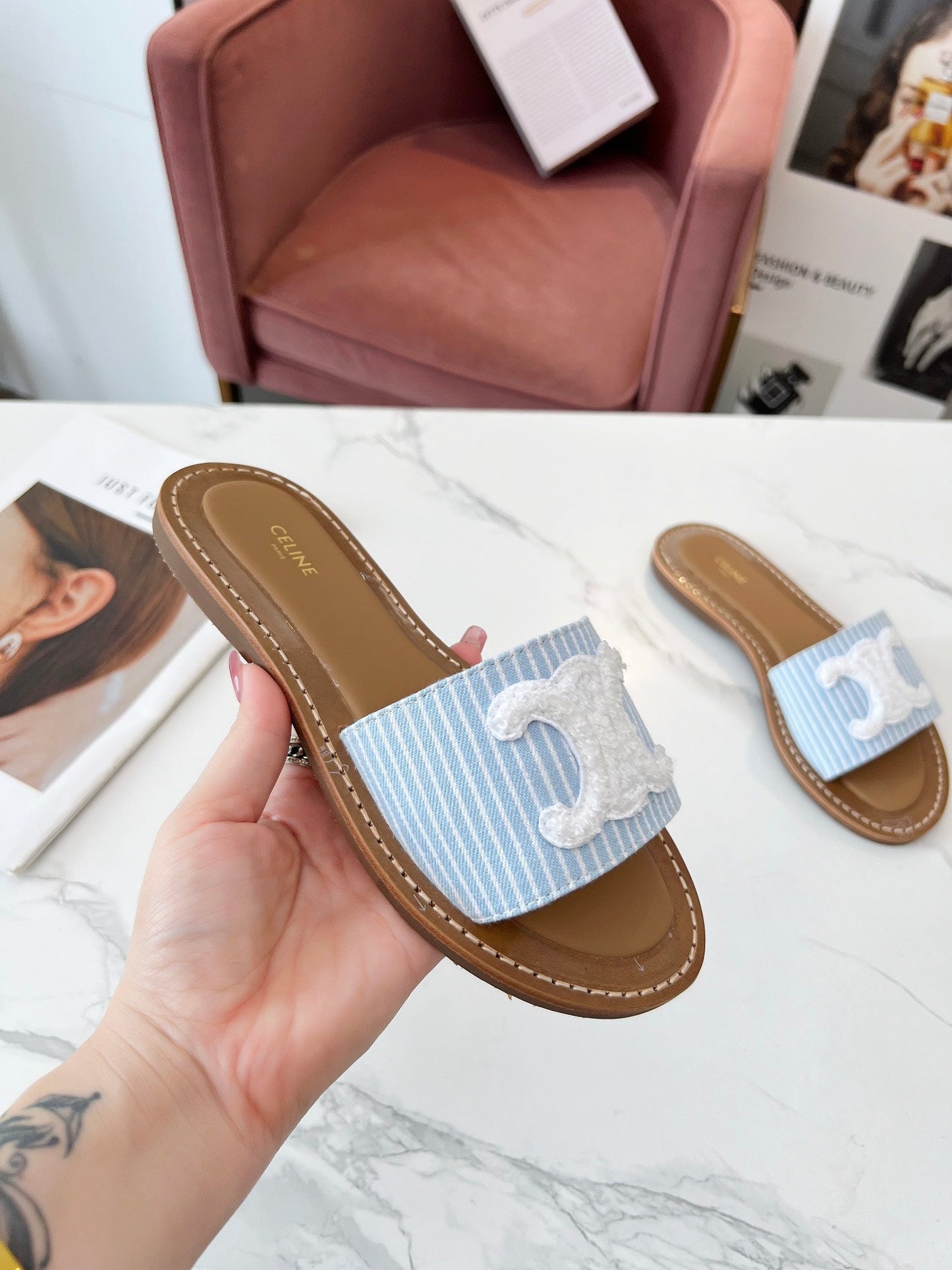 LYMPIA MULE STRIPED BLUE SKY CANVAS WOOL LOGO - 35