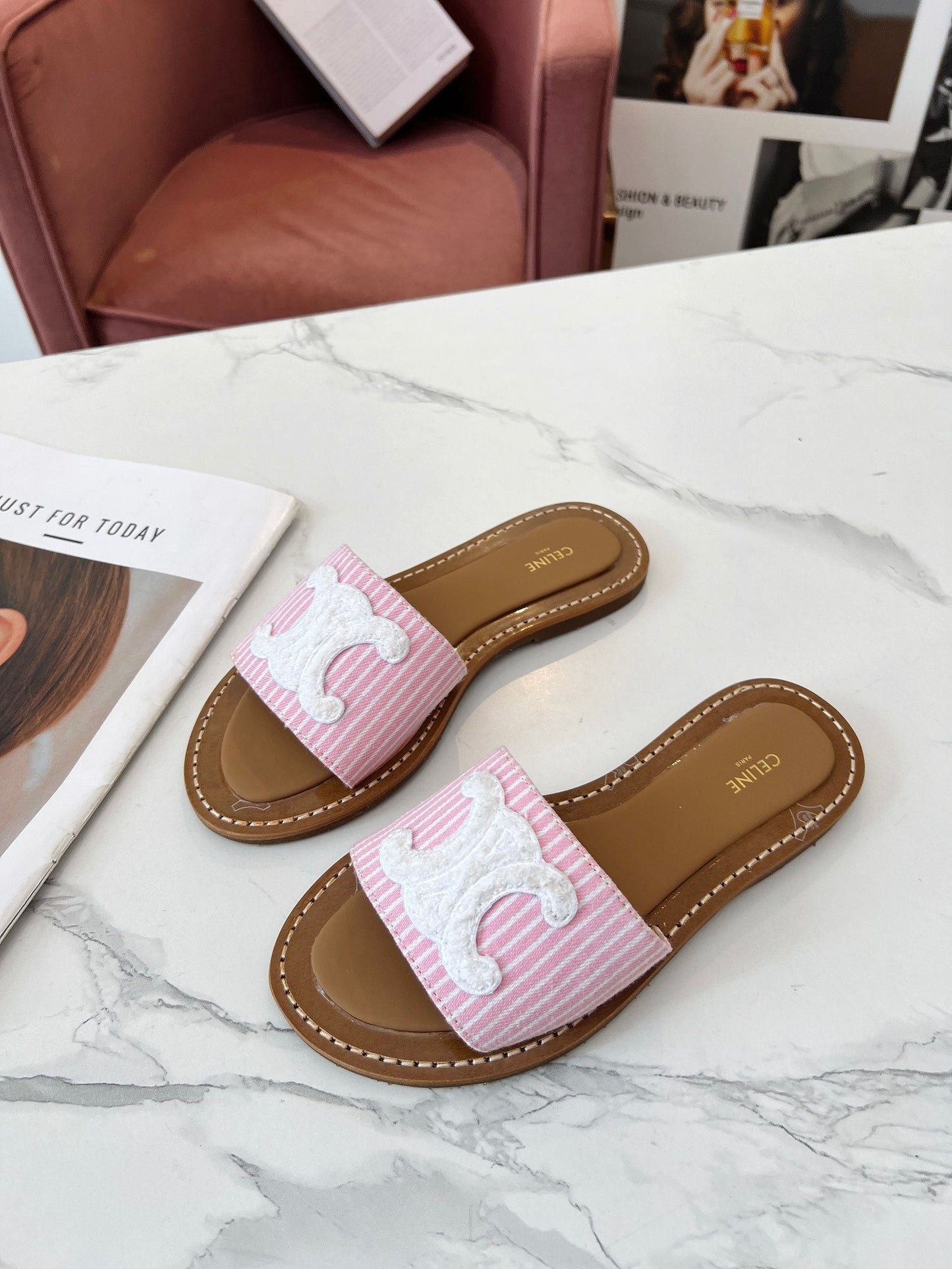 LYMPIA MULE STRIPED LIGHT PINK CANVAS WOOL LOGO - 35