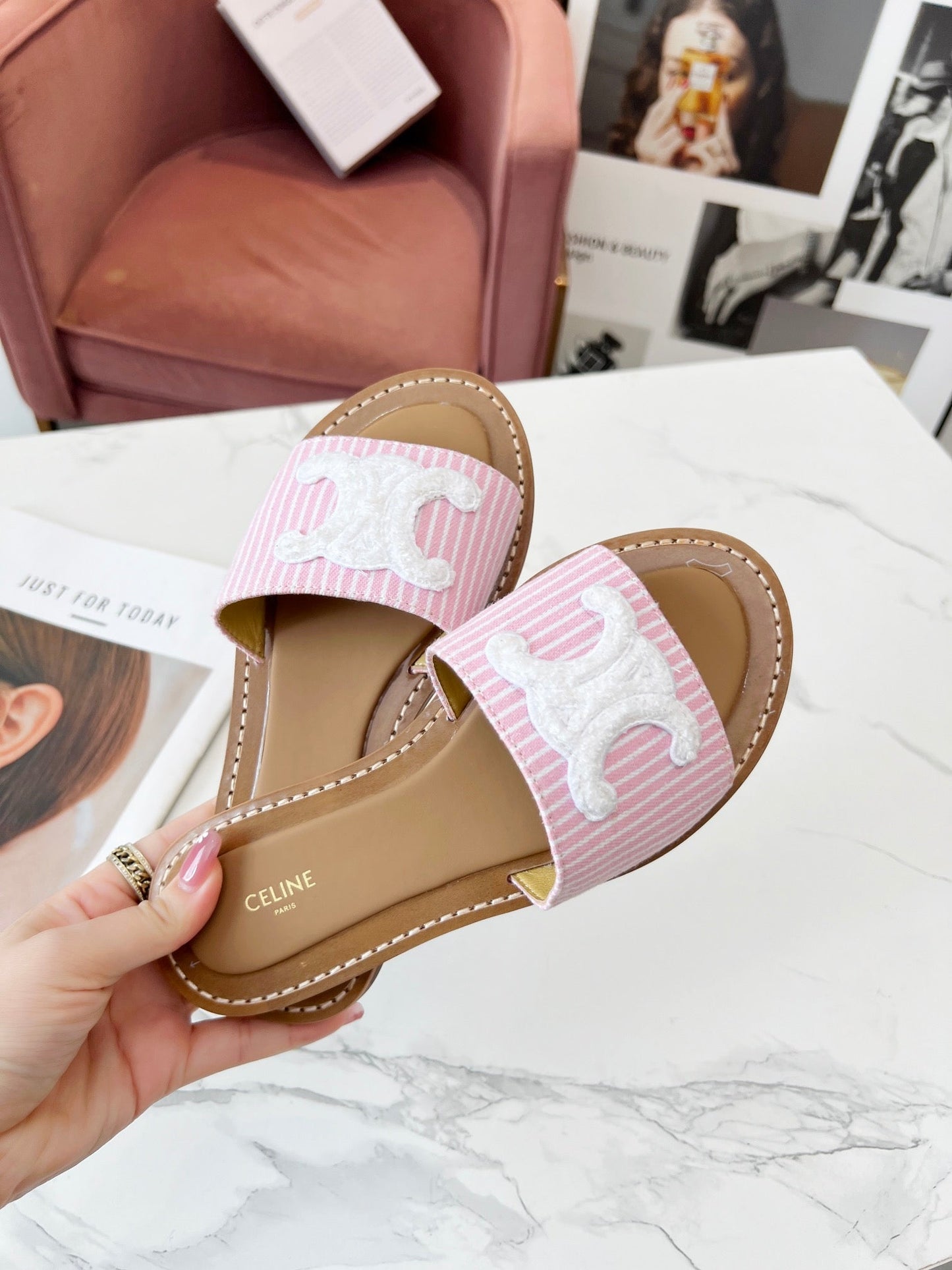 LYMPIA MULE STRIPED LIGHT PINK CANVAS WOOL LOGO - 35