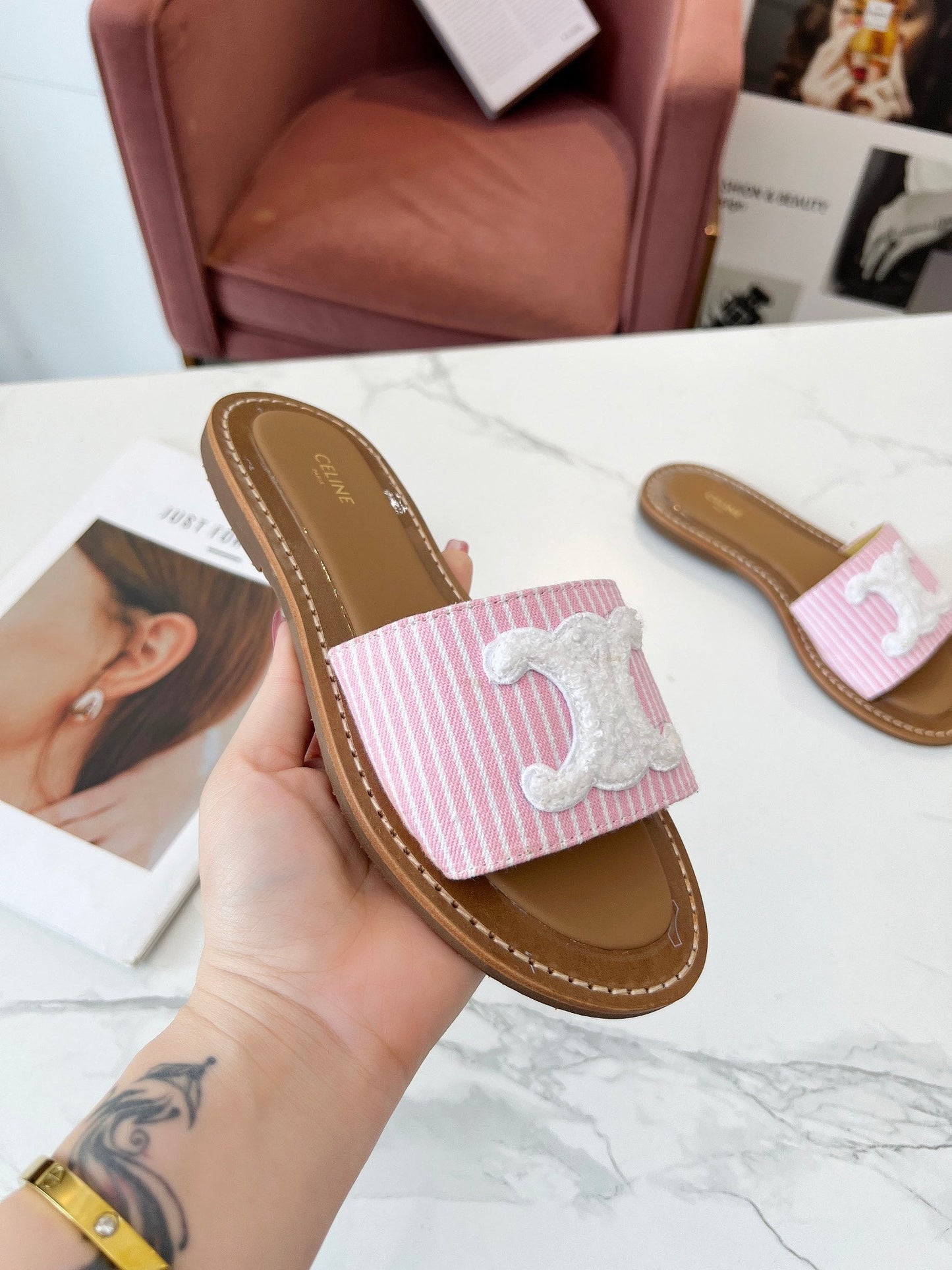 LYMPIA MULE STRIPED LIGHT PINK CANVAS WOOL LOGO - 35