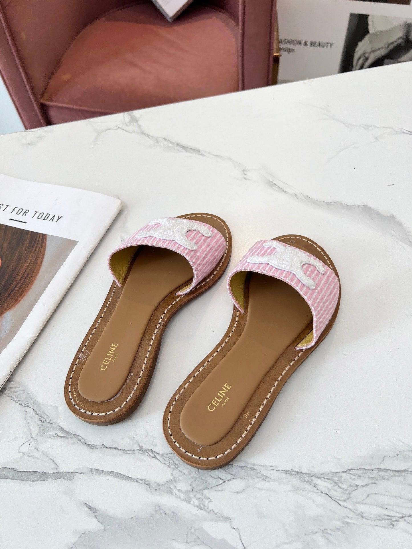 LYMPIA MULE STRIPED LIGHT PINK CANVAS WOOL LOGO - 35