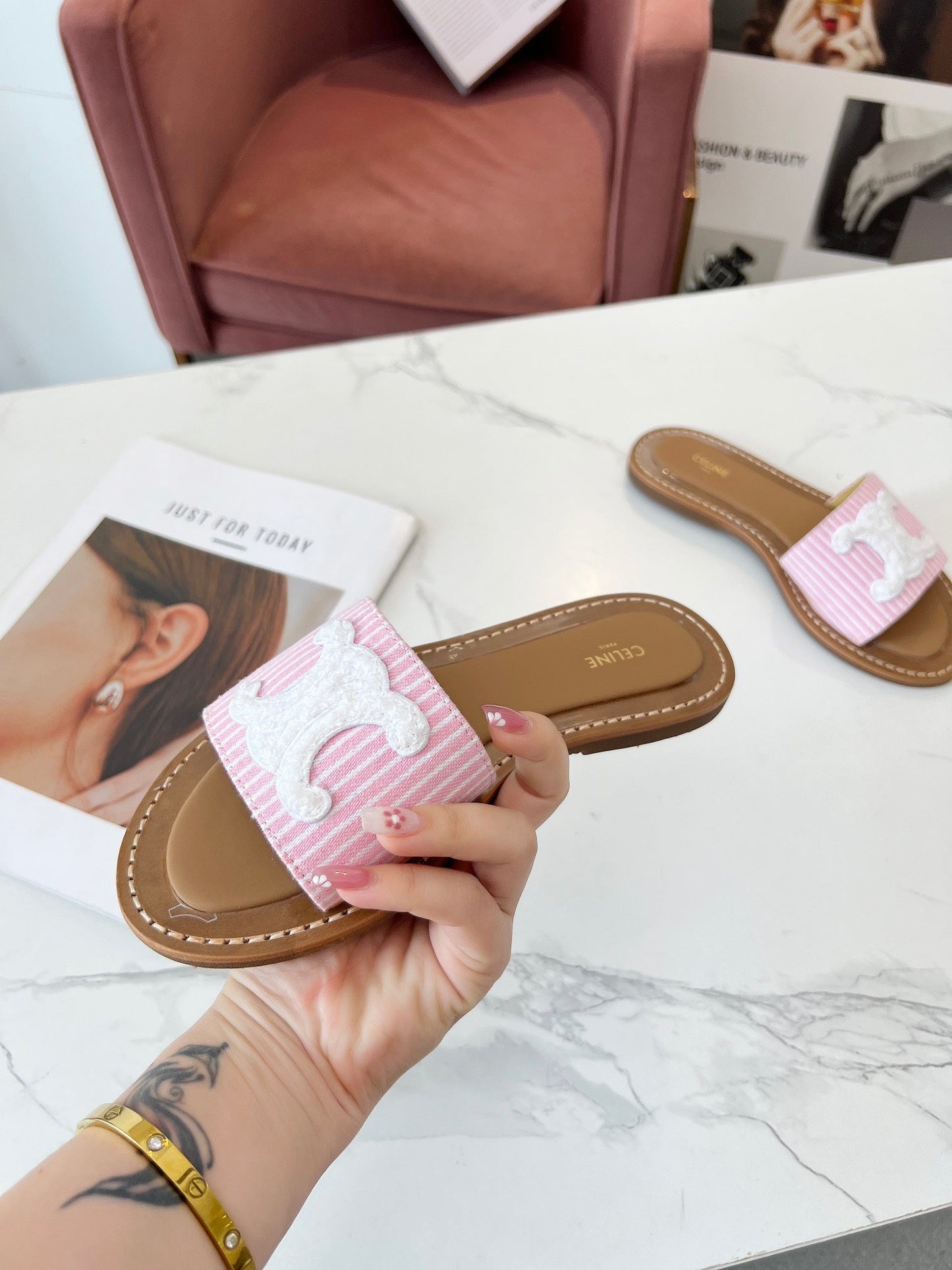 LYMPIA MULE STRIPED LIGHT PINK CANVAS WOOL LOGO - 35
