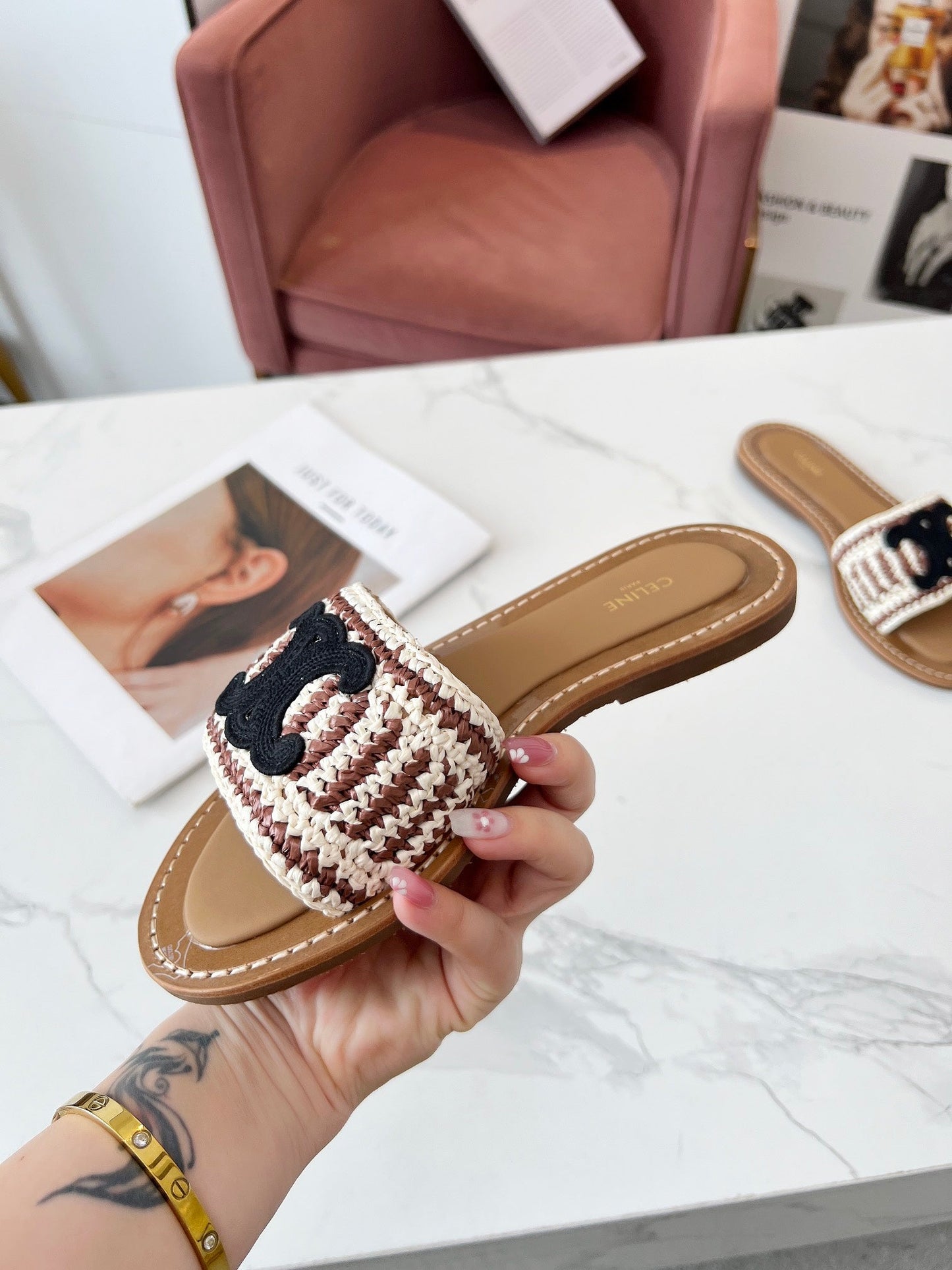 LYMPIA MULE WHITE MIX BROWN RAFFIA BLACK LOGO - 35