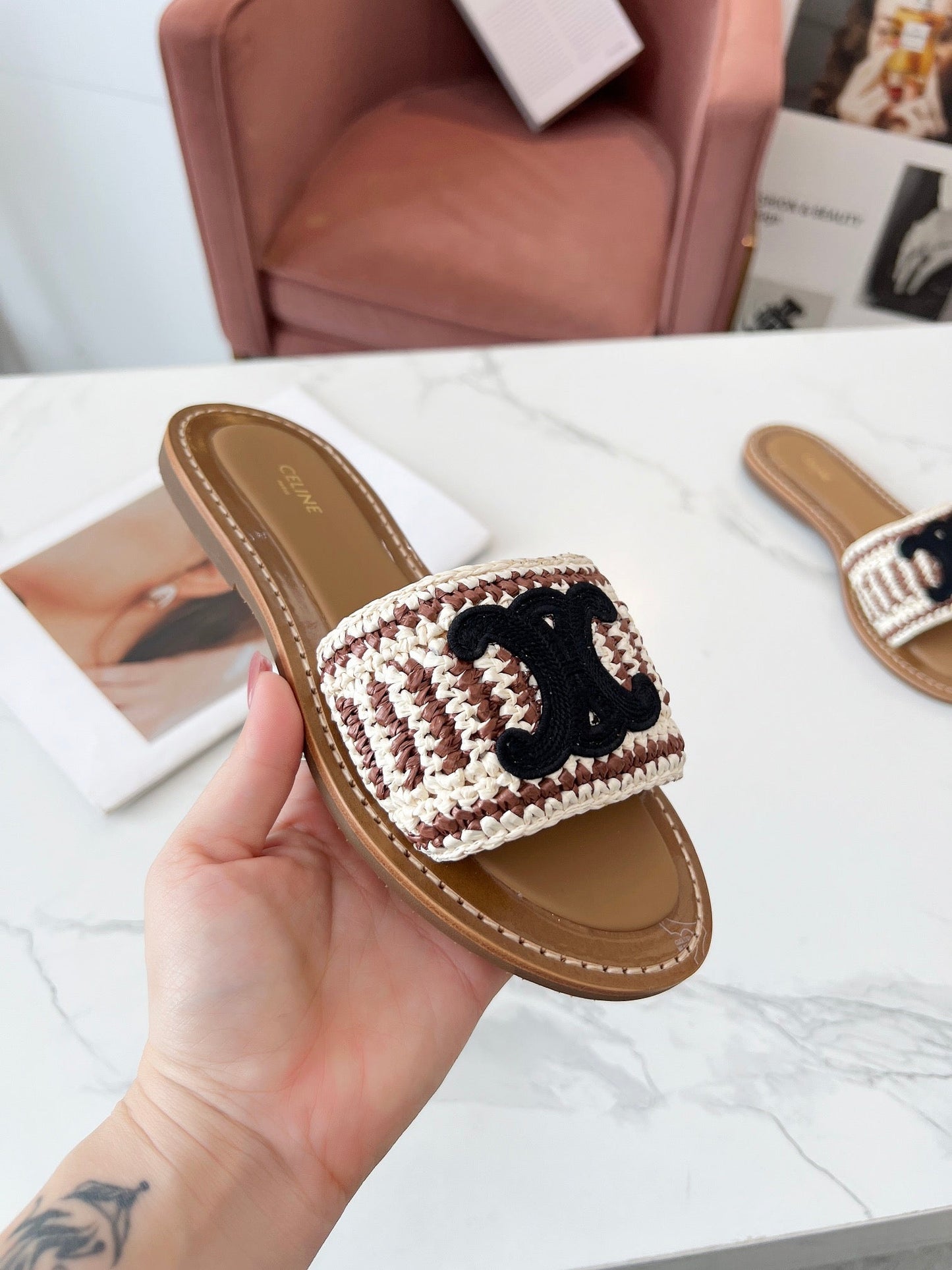 LYMPIA MULE WHITE MIX BROWN RAFFIA BLACK LOGO - 35