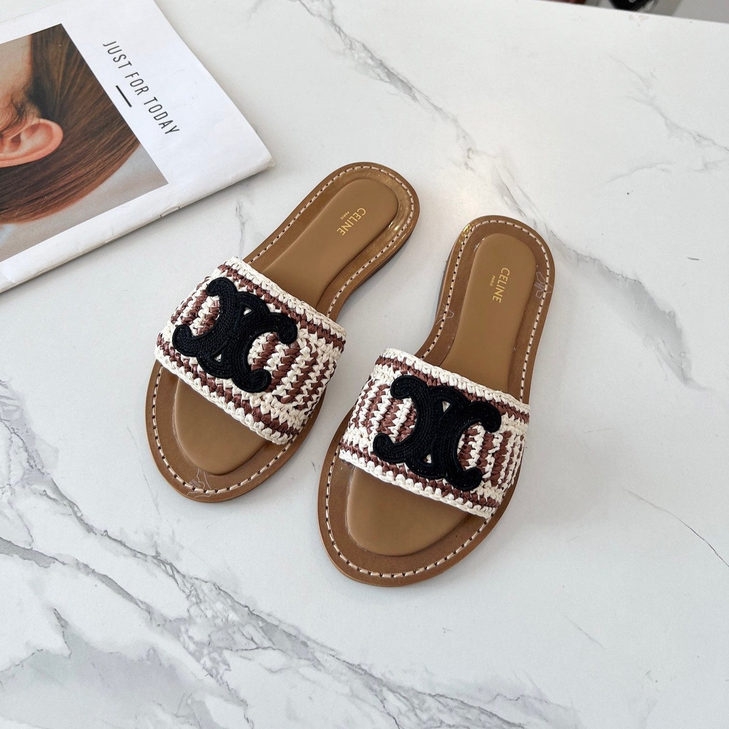 LYMPIA MULE WHITE MIX BROWN RAFFIA BLACK LOGO - 35