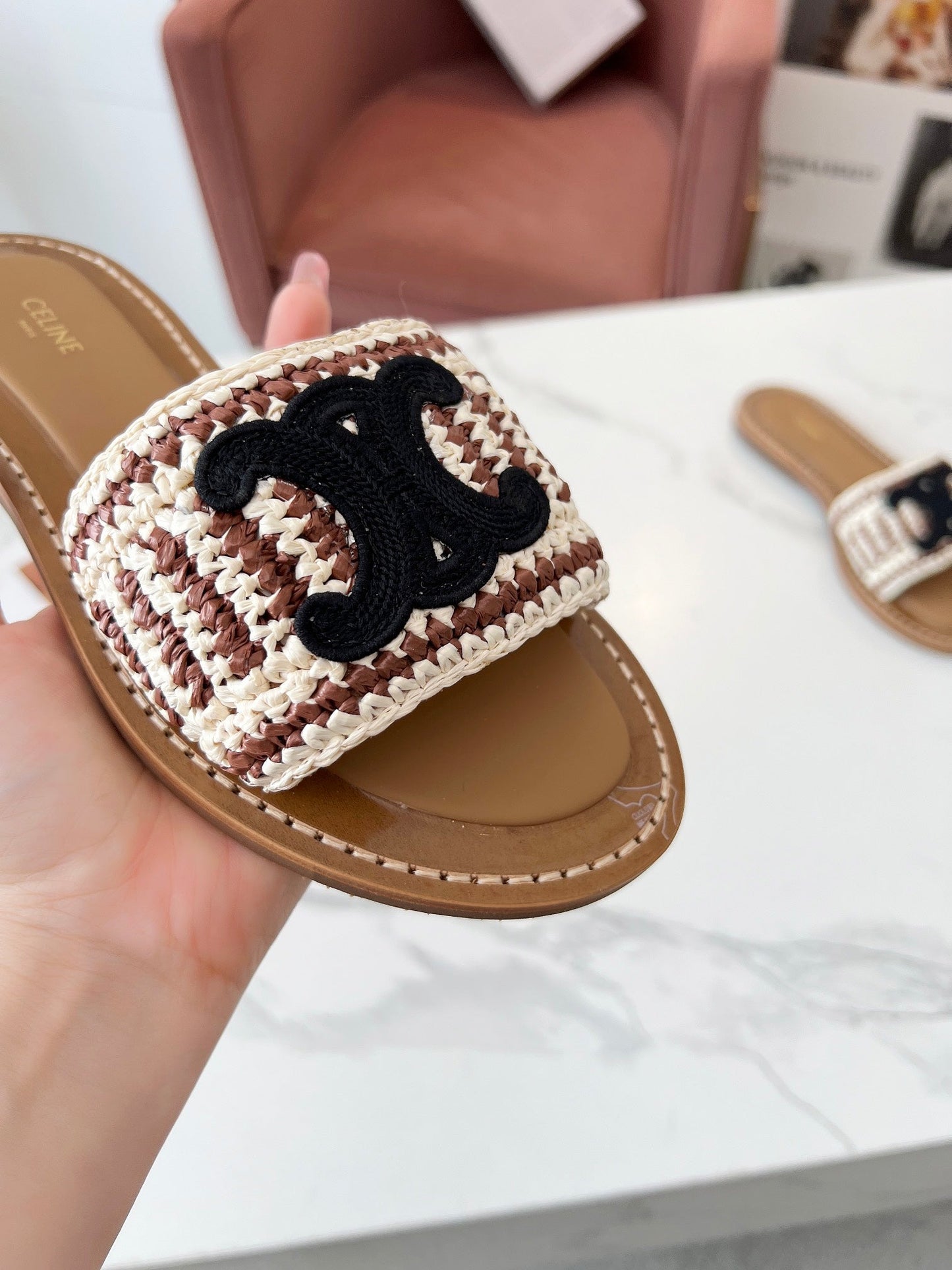 LYMPIA MULE WHITE MIX BROWN RAFFIA BLACK LOGO - 35