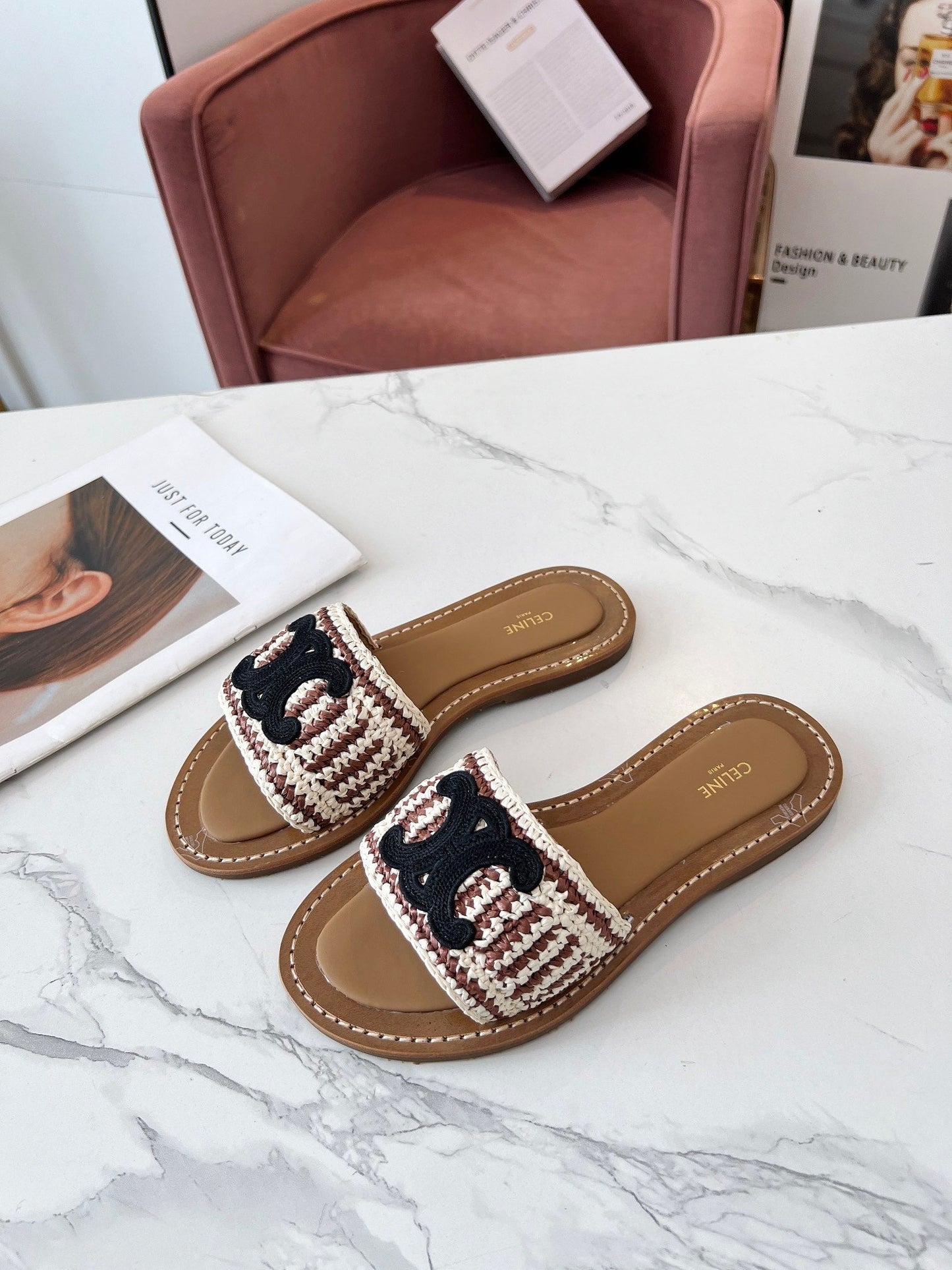 LYMPIA MULE WHITE MIX BROWN RAFFIA BLACK LOGO - 35