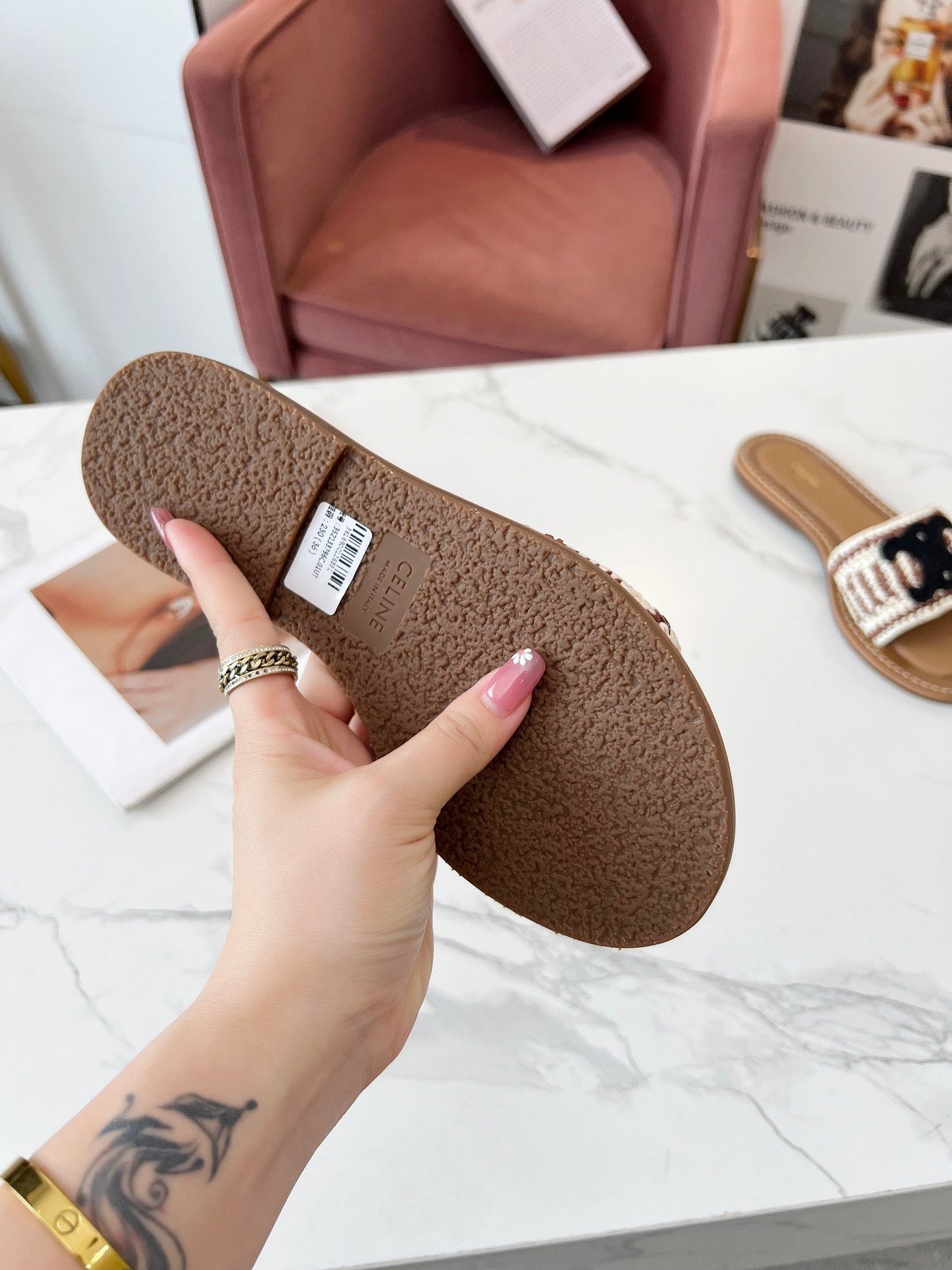 LYMPIA MULE WHITE MIX BROWN RAFFIA BLACK LOGO - 35