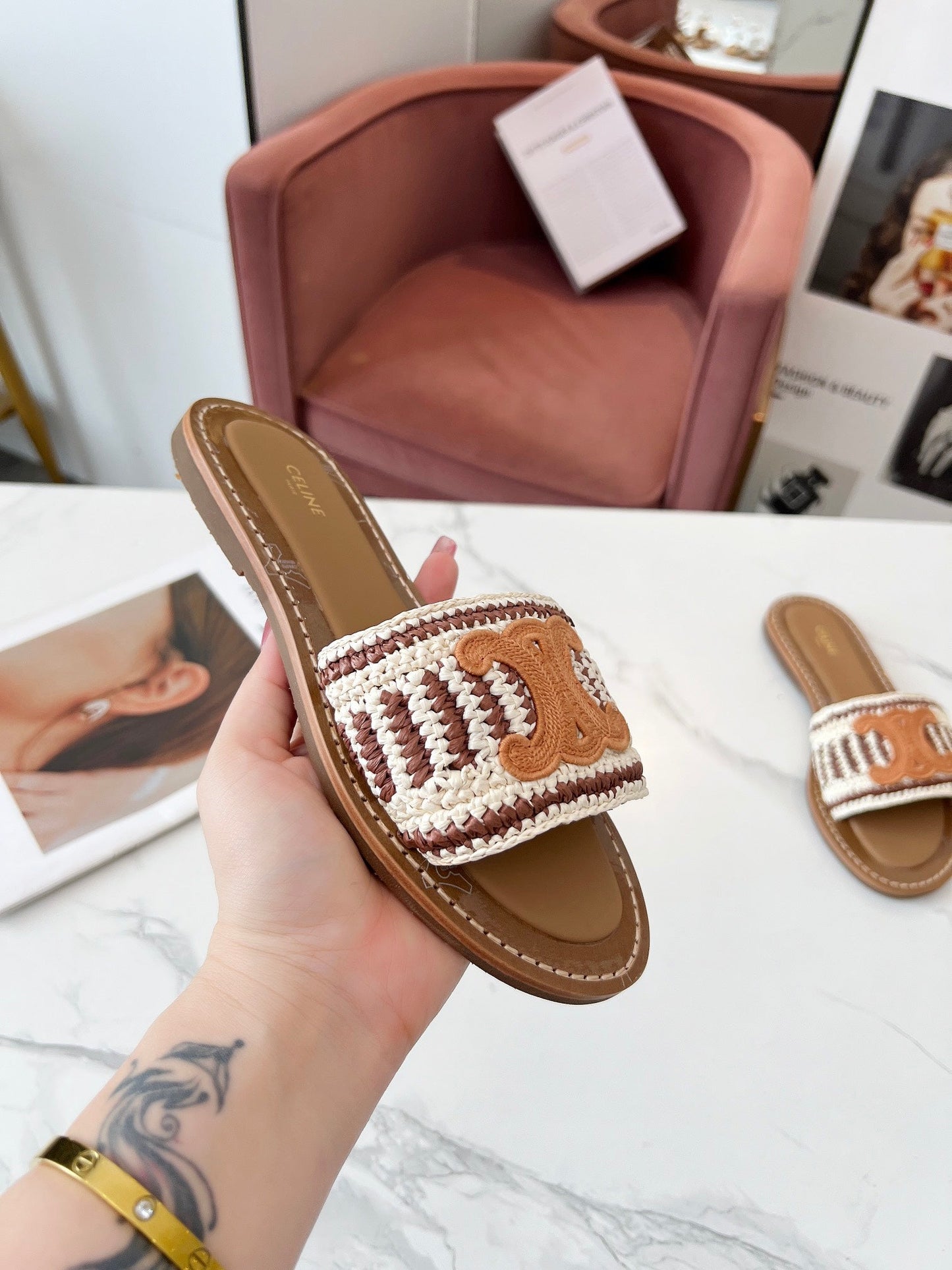 LYMPIA MULE WHITE MIX BROWN RAFFIA PERU BROWN LOGO - 35