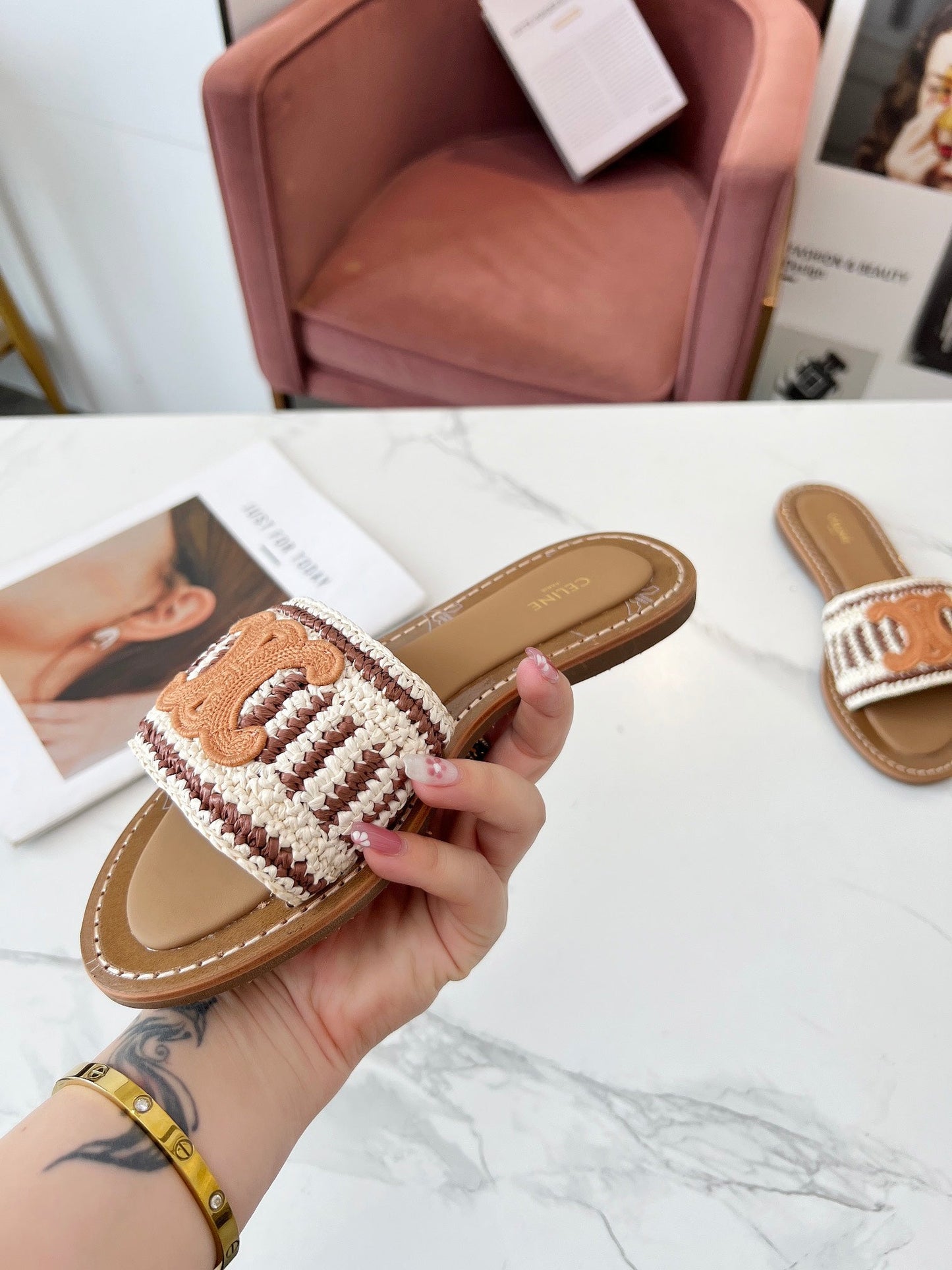LYMPIA MULE WHITE MIX BROWN RAFFIA PERU BROWN LOGO - 35