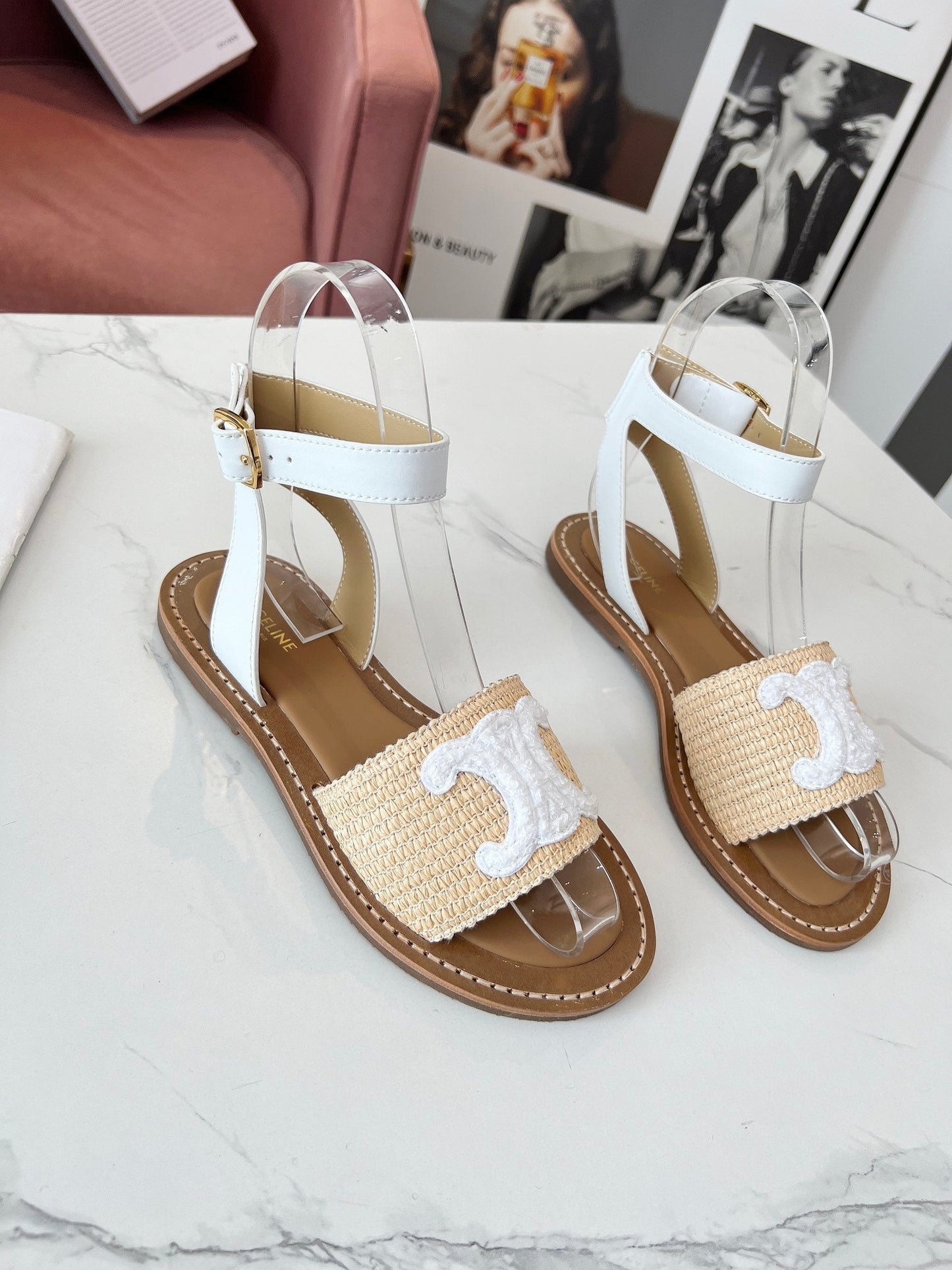 TRIOMPHE SANDALS BEIGE RAFFIA WHITE WOOL - 35