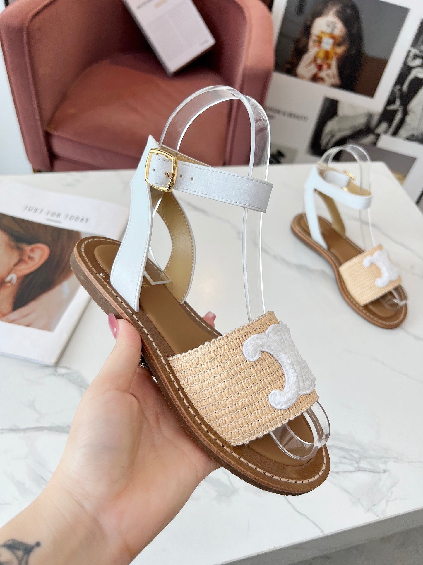 TRIOMPHE SANDALS BEIGE RAFFIA WHITE WOOL - 35