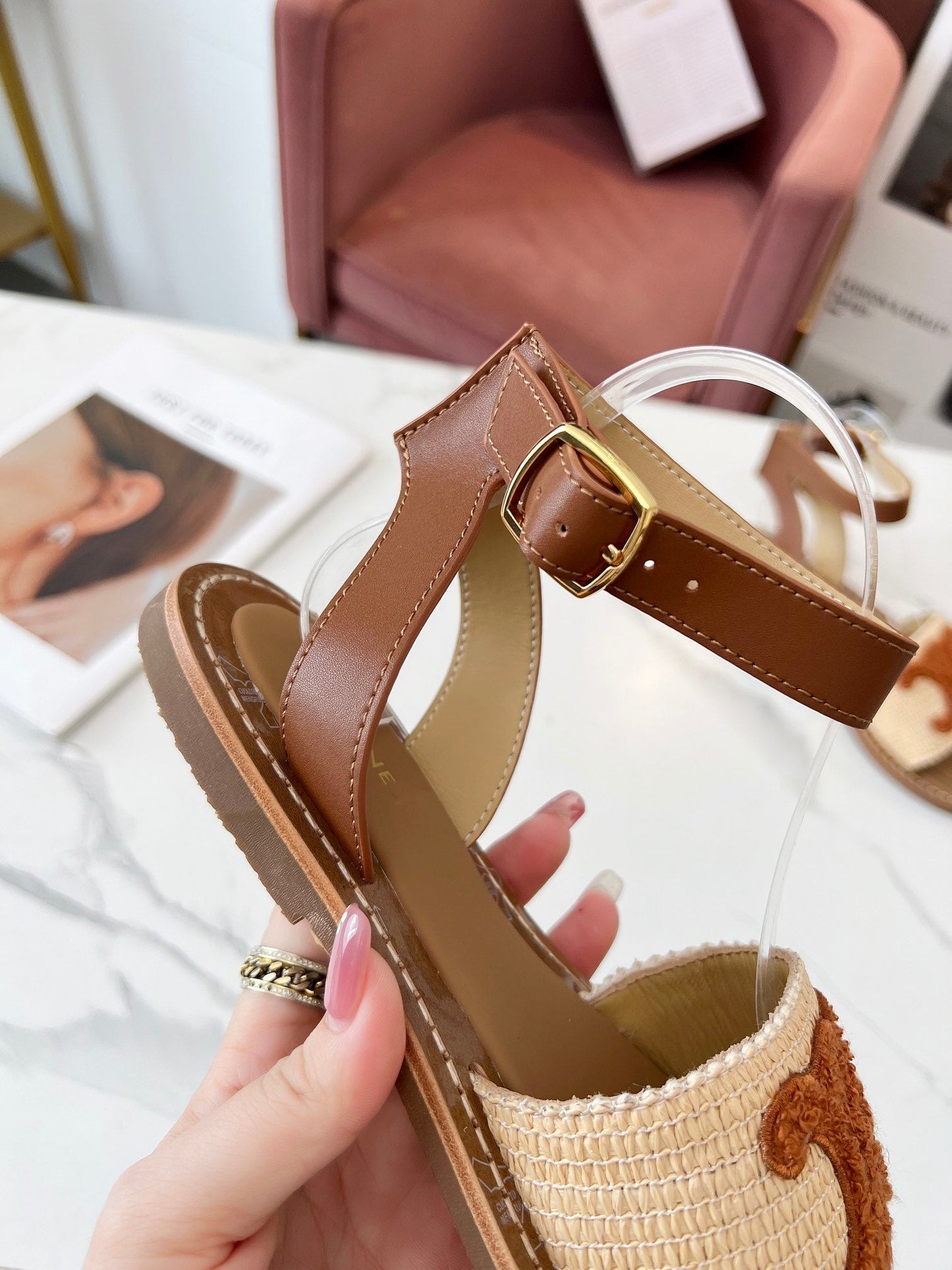 TRIOMPHE SANDALS BEIGE RAFFIA BROWN WOOL - 35