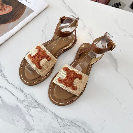 TRIOMPHE SANDALS BEIGE RAFFIA BROWN WOOL - 35