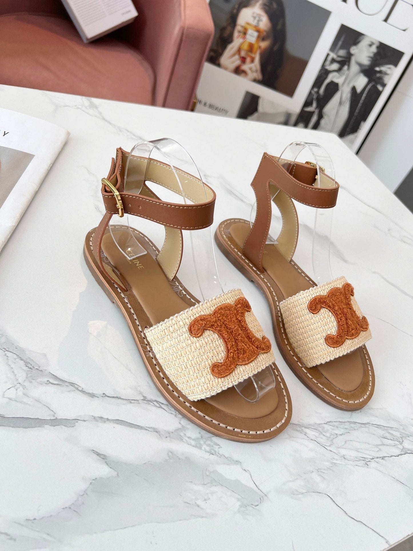 TRIOMPHE SANDALS BEIGE RAFFIA BROWN WOOL - 35
