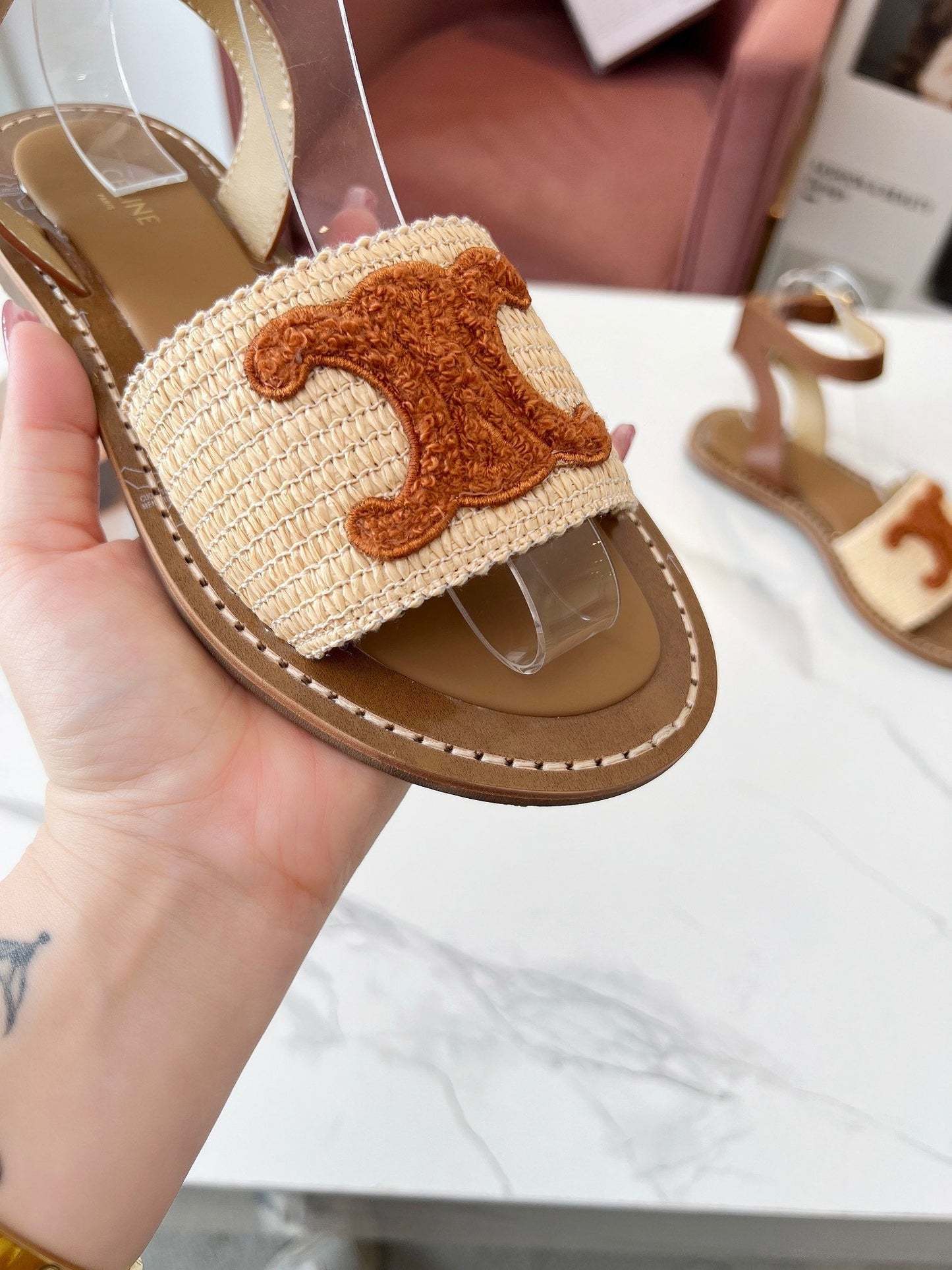 TRIOMPHE SANDALS BEIGE RAFFIA BROWN WOOL - 35