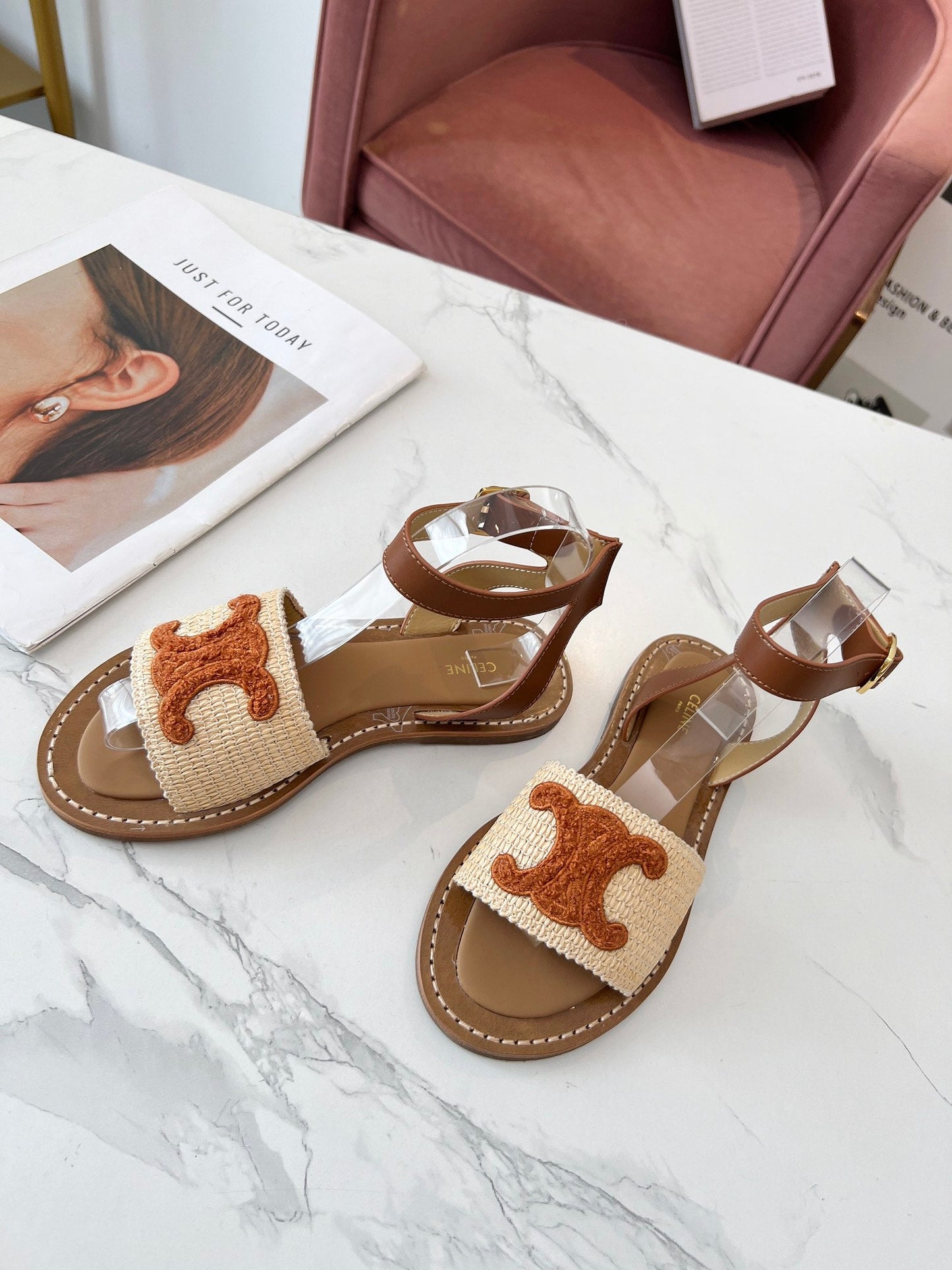 TRIOMPHE SANDALS BEIGE RAFFIA BROWN WOOL - 35