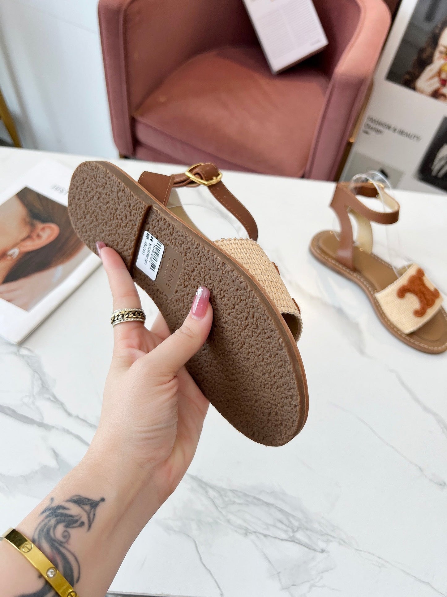 TRIOMPHE SANDALS BEIGE RAFFIA BROWN WOOL - 35