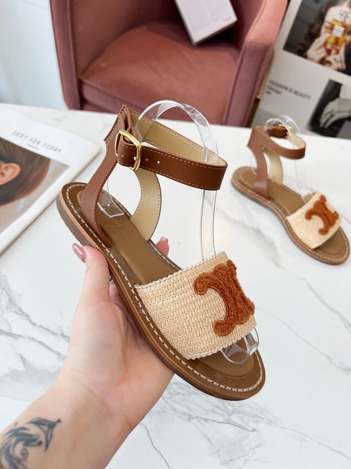 TRIOMPHE SANDALS BEIGE RAFFIA BROWN WOOL - 35