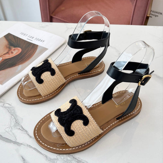 TROMPHE SANDALS BEIGE RAFFIA BLACK WOOL - 35