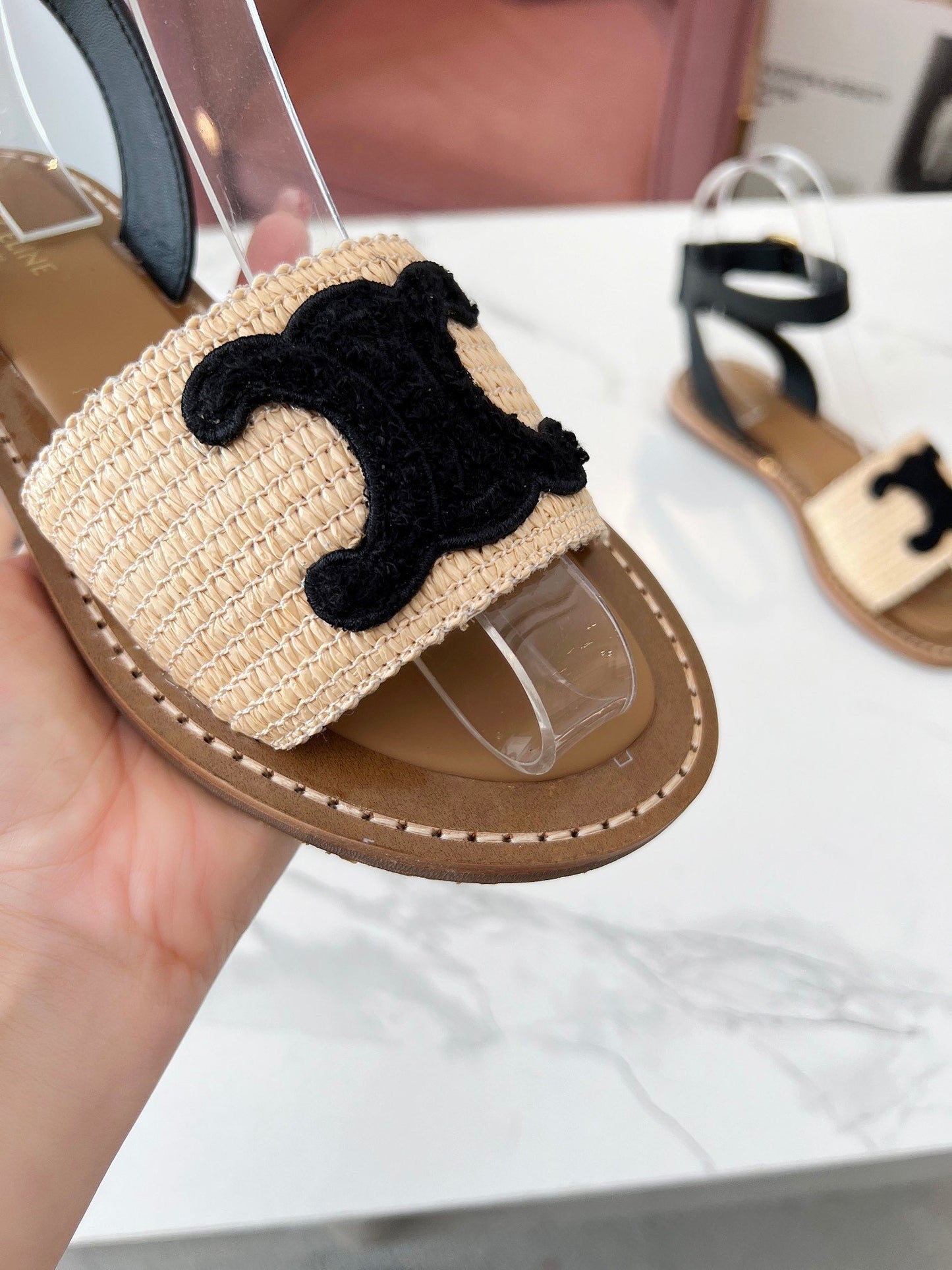 TROMPHE SANDALS BEIGE RAFFIA BLACK WOOL - 35