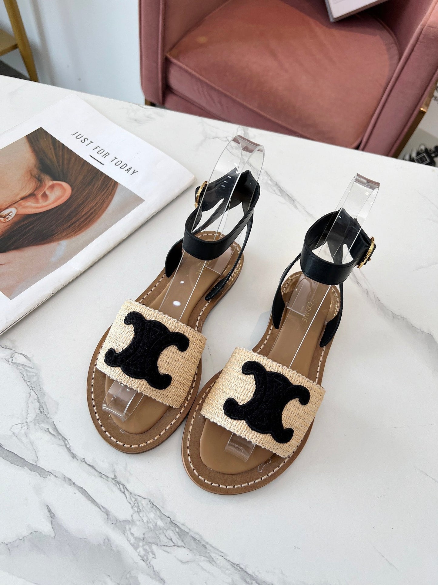 TROMPHE SANDALS BEIGE RAFFIA BLACK WOOL - 35
