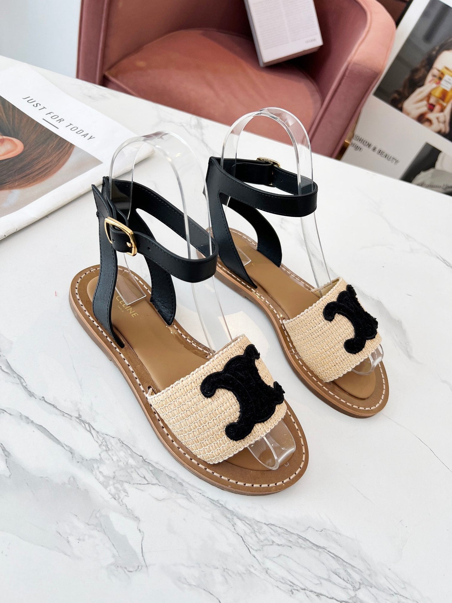 TROMPHE SANDALS BEIGE RAFFIA BLACK WOOL - 35