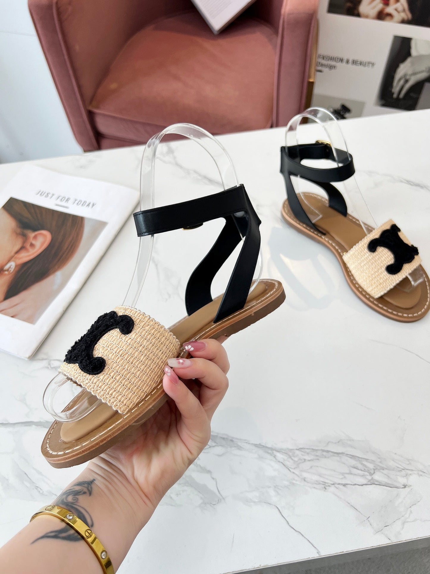 TROMPHE SANDALS BEIGE RAFFIA BLACK WOOL - 35