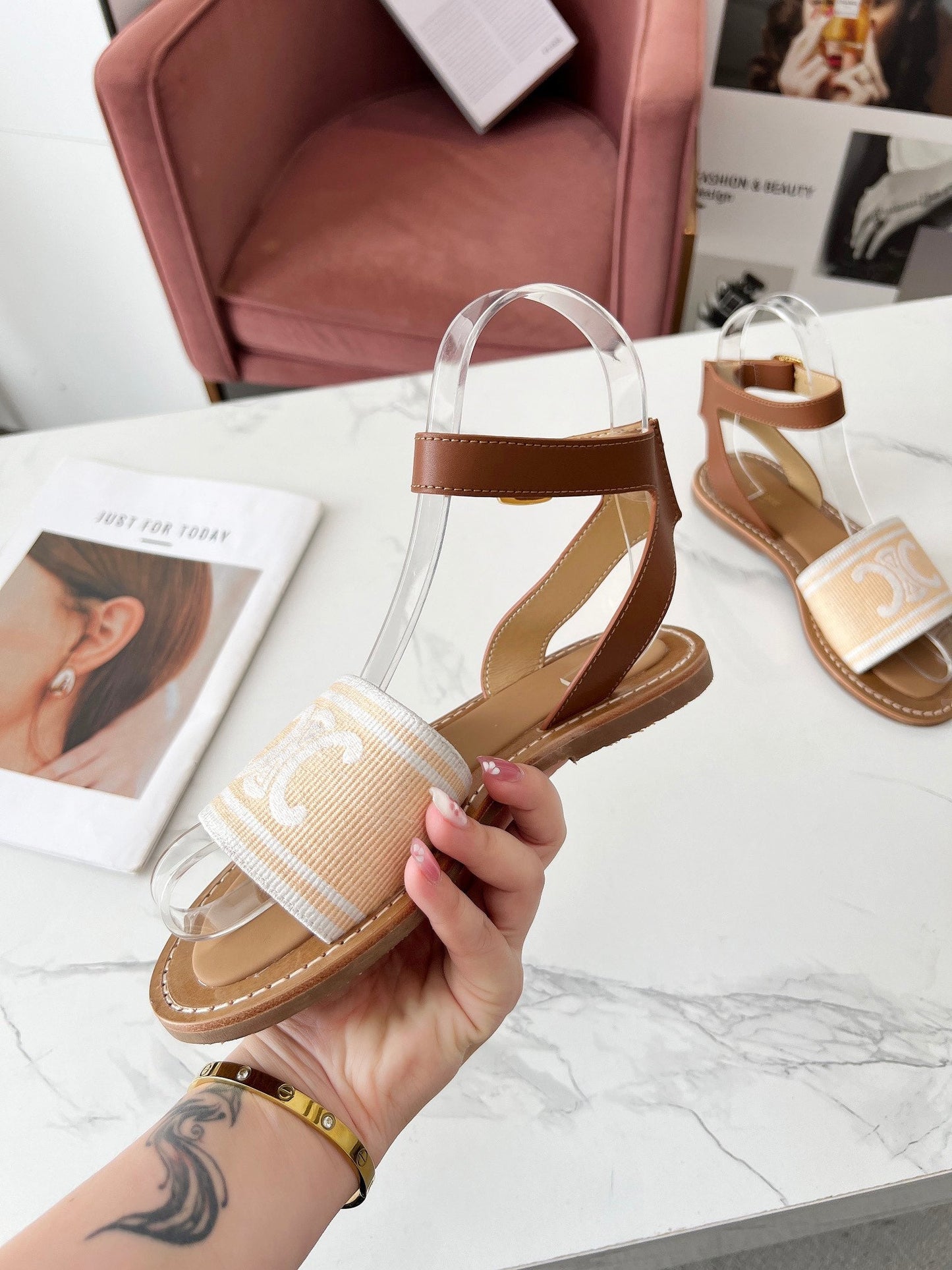 LYMPIA SANDAL IN BISQUE BEIGE MIX WHITE TRIOMPHE JACQUARD CANVAS & CALFSKIN - 35