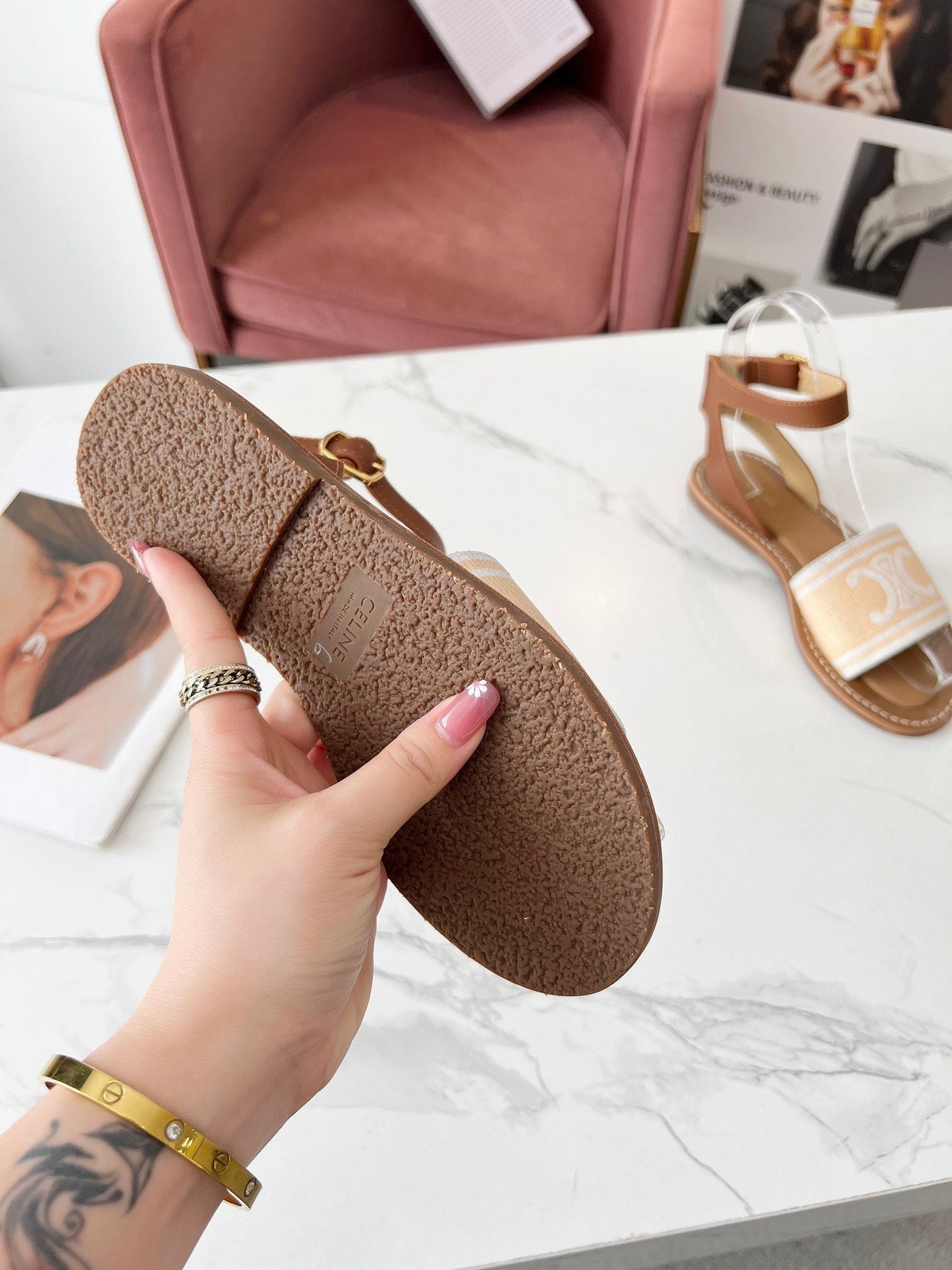 LYMPIA SANDAL IN BISQUE BEIGE MIX WHITE TRIOMPHE JACQUARD CANVAS & CALFSKIN - 35