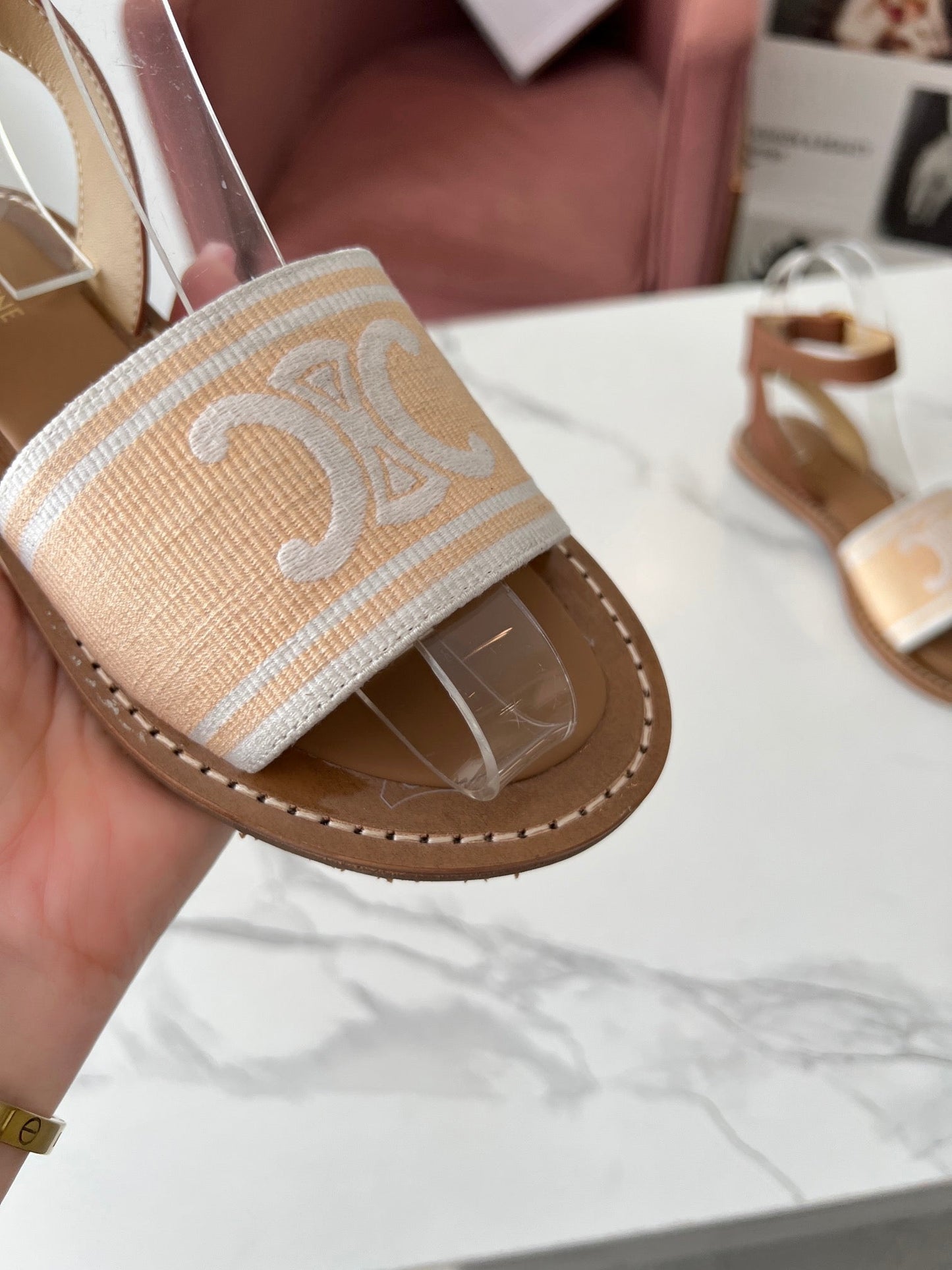 LYMPIA SANDAL IN BISQUE BEIGE MIX WHITE TRIOMPHE JACQUARD CANVAS & CALFSKIN - 35