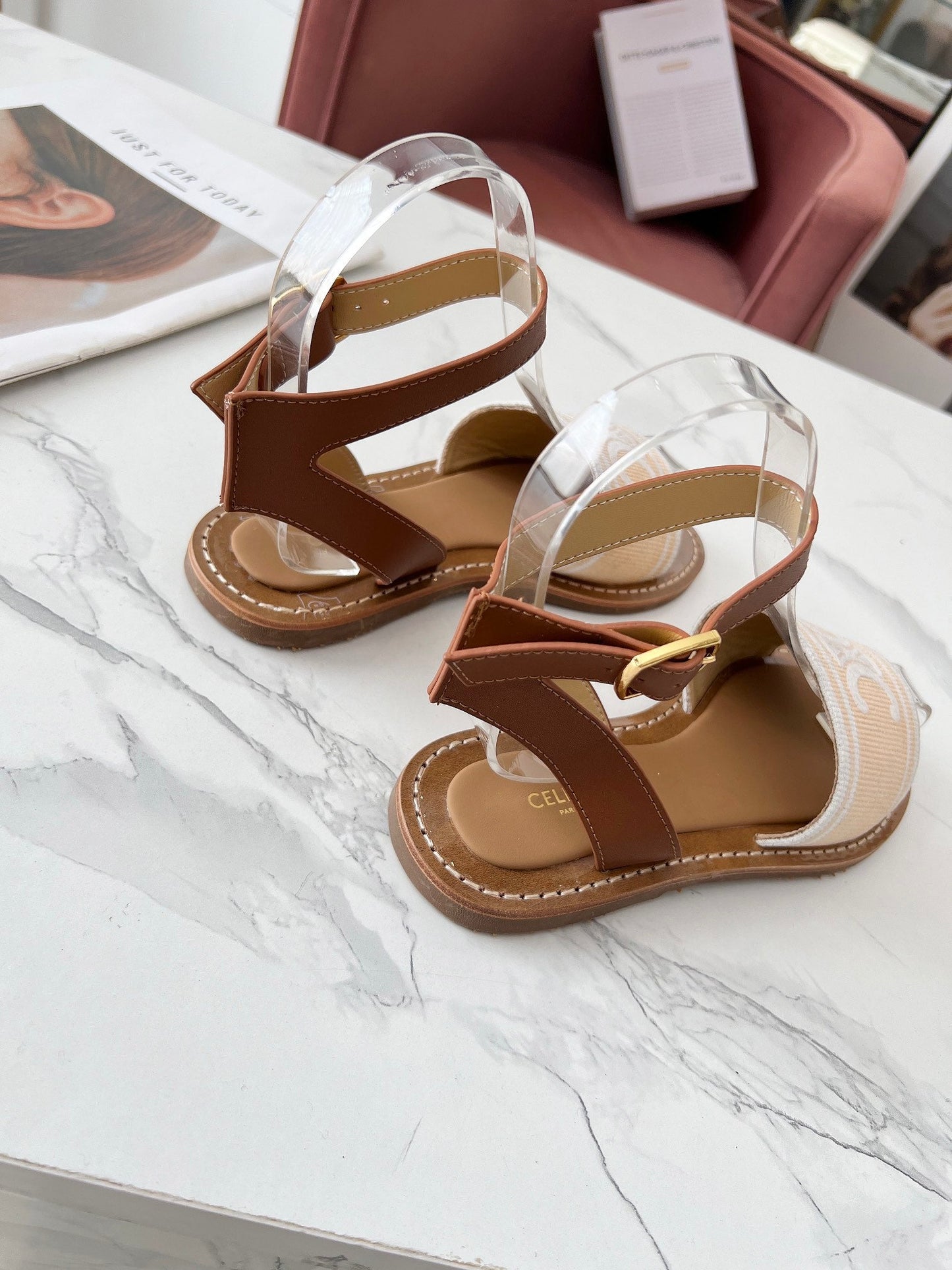 LYMPIA SANDAL IN BISQUE BEIGE MIX WHITE TRIOMPHE JACQUARD CANVAS & CALFSKIN - 35