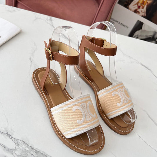 LYMPIA SANDAL IN BISQUE BEIGE MIX WHITE TRIOMPHE JACQUARD CANVAS & CALFSKIN - 35