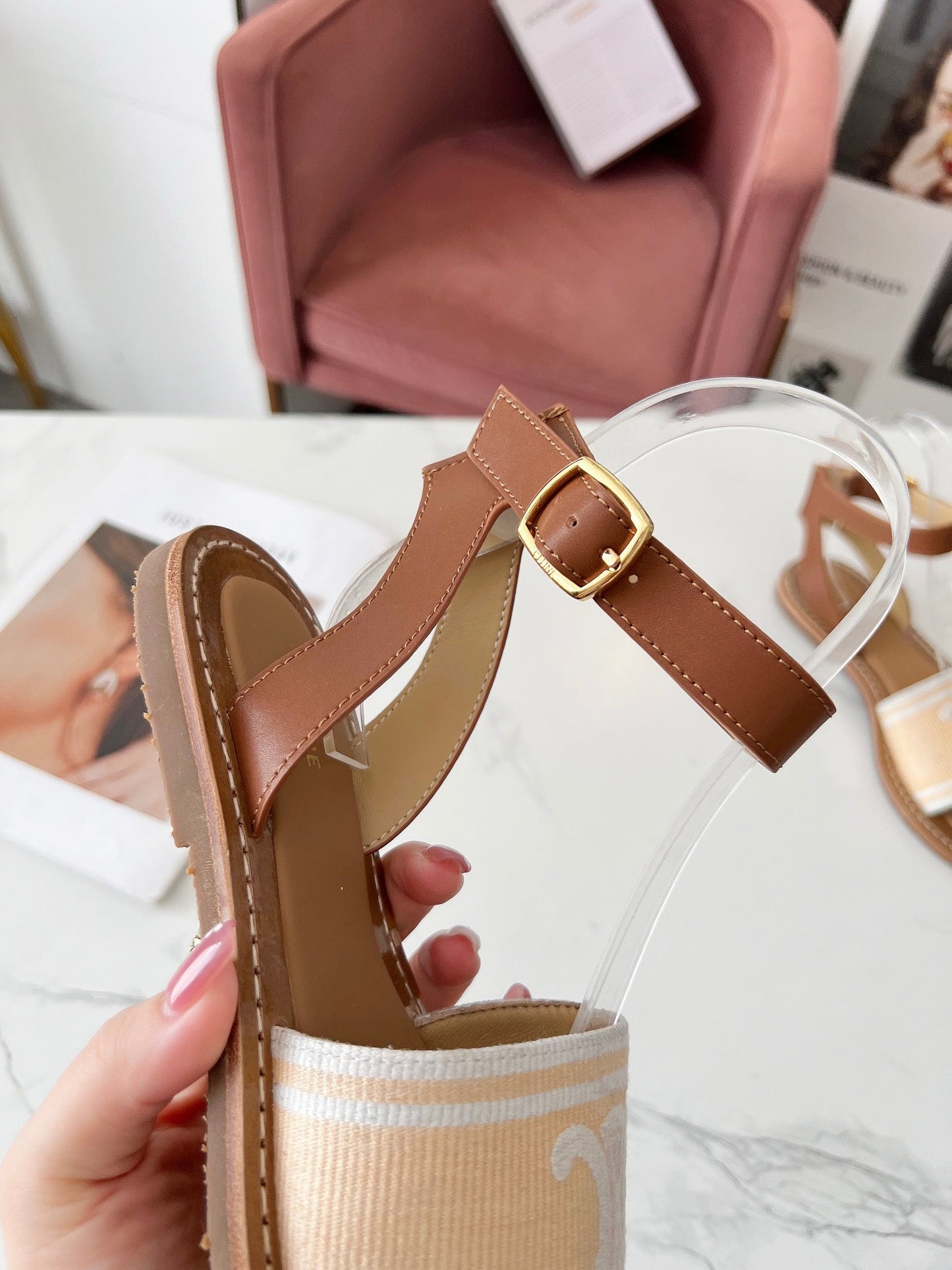 LYMPIA SANDAL IN BISQUE BEIGE MIX WHITE TRIOMPHE JACQUARD CANVAS & CALFSKIN - 35