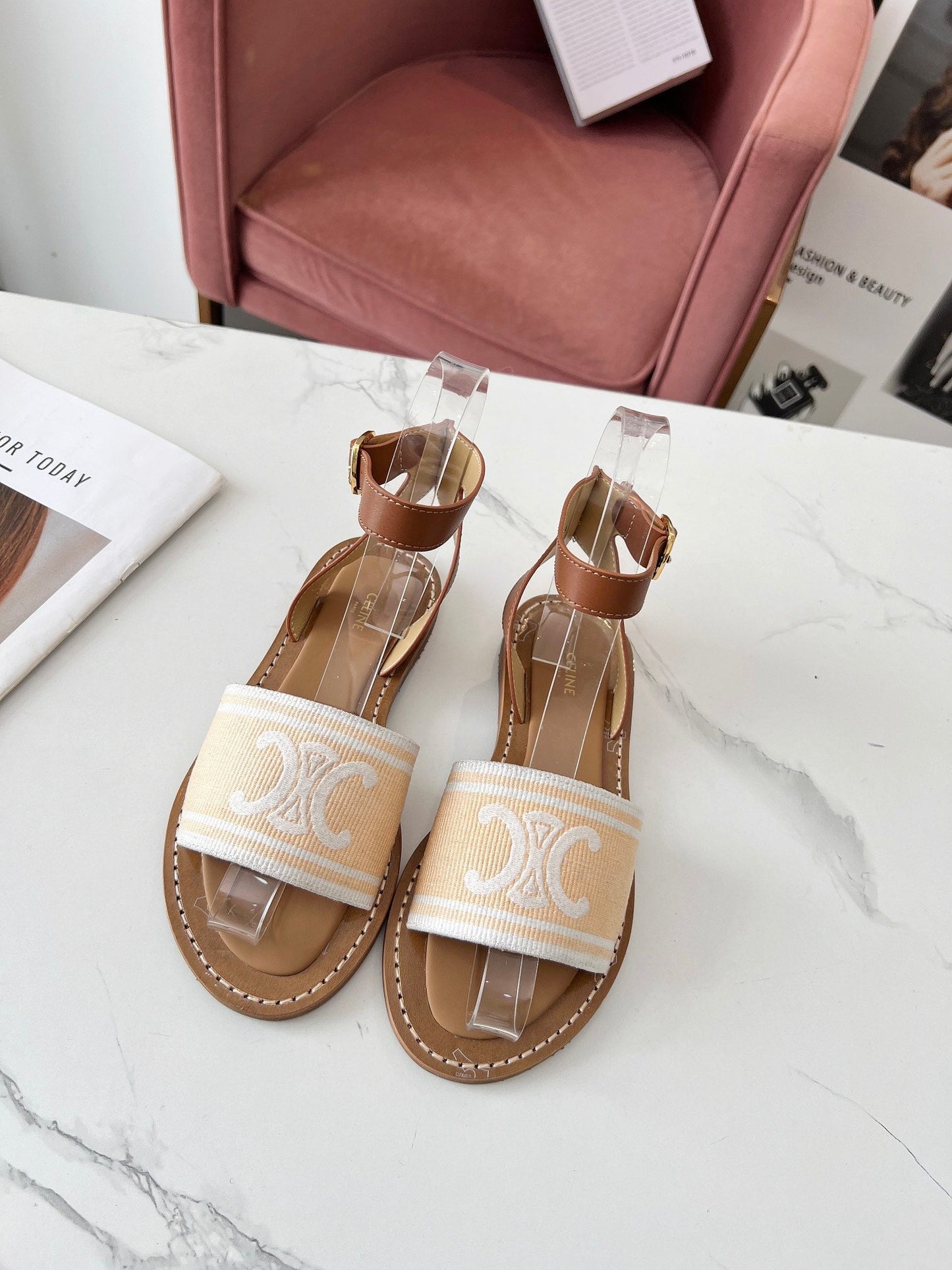 LYMPIA SANDAL IN BISQUE BEIGE MIX WHITE TRIOMPHE JACQUARD CANVAS & CALFSKIN - 35