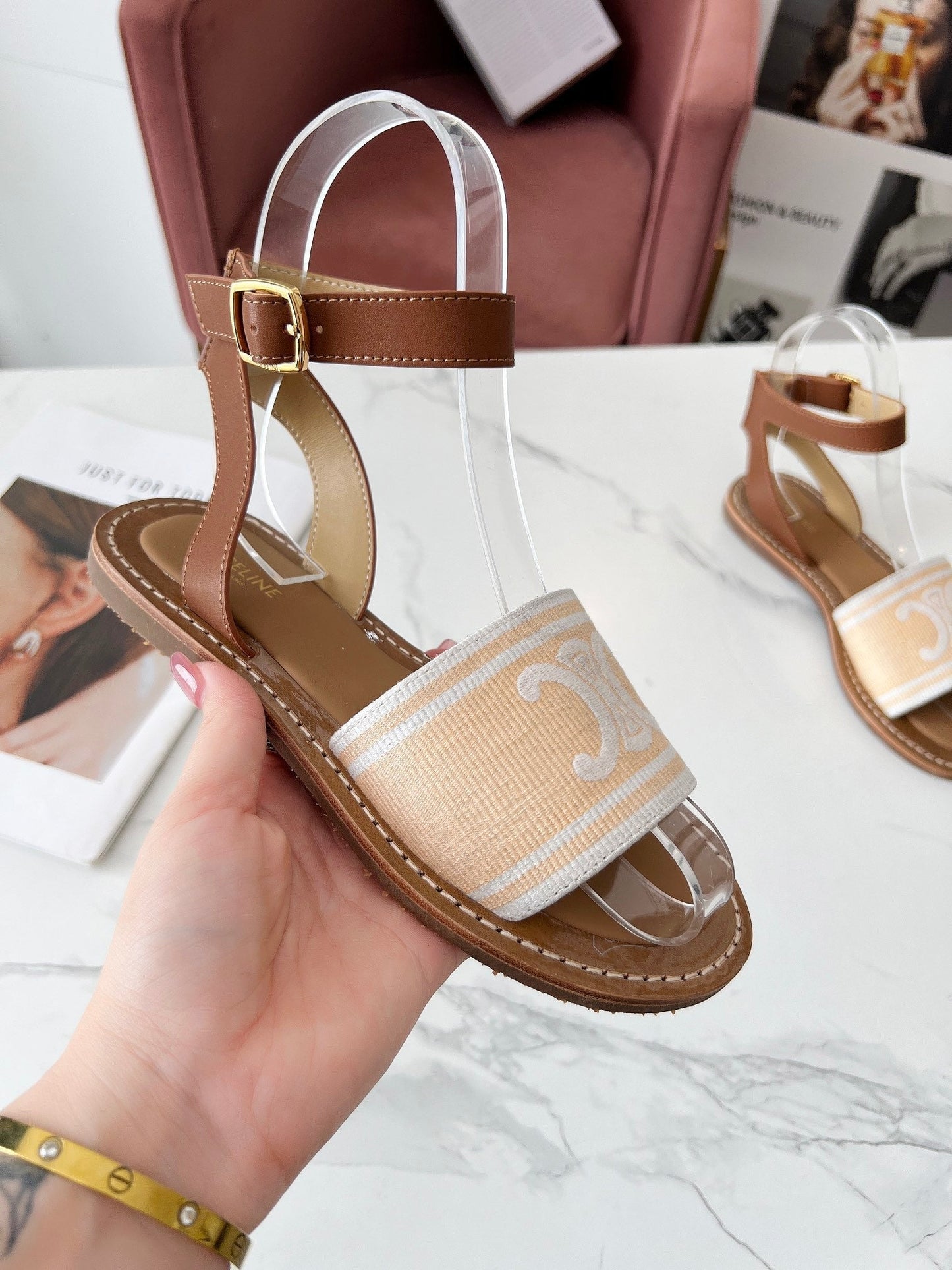 LYMPIA SANDAL IN BISQUE BEIGE MIX WHITE TRIOMPHE JACQUARD CANVAS & CALFSKIN - 35