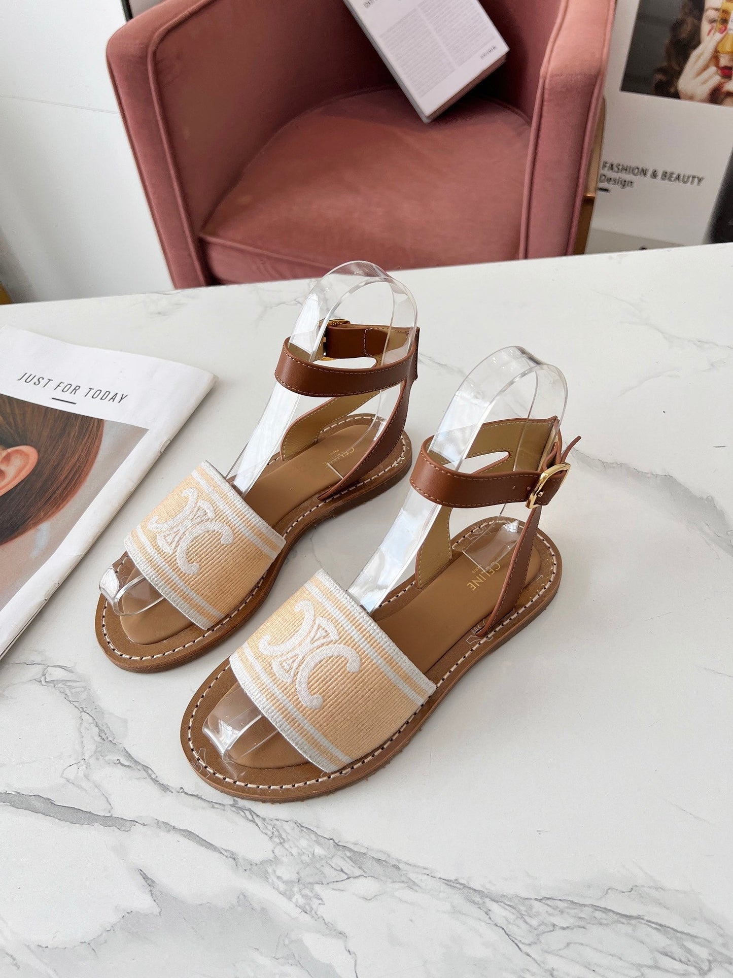 LYMPIA SANDAL IN BISQUE BEIGE MIX WHITE TRIOMPHE JACQUARD CANVAS & CALFSKIN - 35