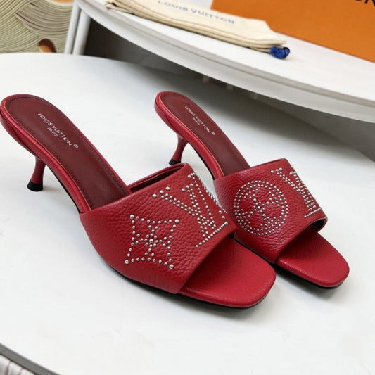 HIGH MULE IN RUBY RED LAMBSKIN WITH RHINSTONES 55 MM - 35