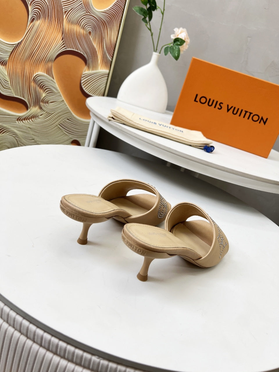 HIGH MULE IN CAMEL BEIGE LAMBSKIN WITH RHINSTONES 55 MM - 35