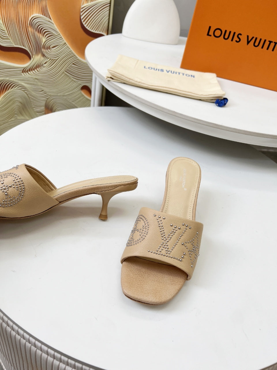 HIGH MULE IN CAMEL BEIGE LAMBSKIN WITH RHINSTONES 55 MM - 35