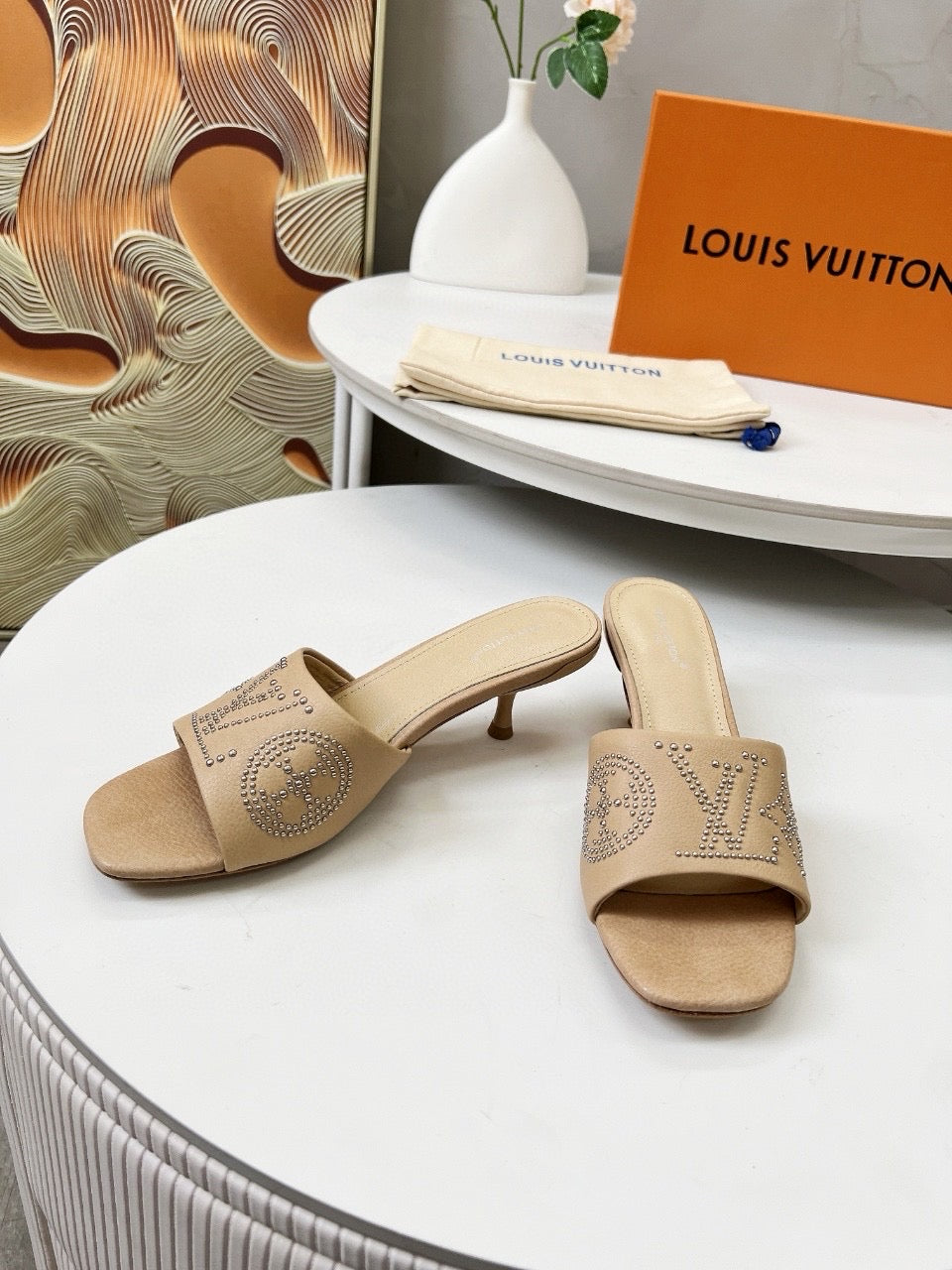 HIGH MULE IN CAMEL BEIGE LAMBSKIN WITH RHINSTONES 55 MM - 35