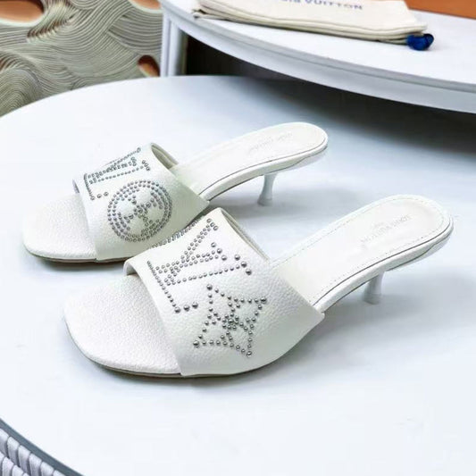 HIGH MULE IN WHITE LAMBSKIN WITH RHINSTONES 55 MM - 35