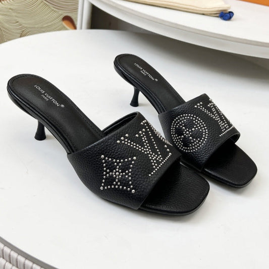 HIGH MULE IN BLACK LAMBSKIN WITH RHINSTONES 55 MM - 35