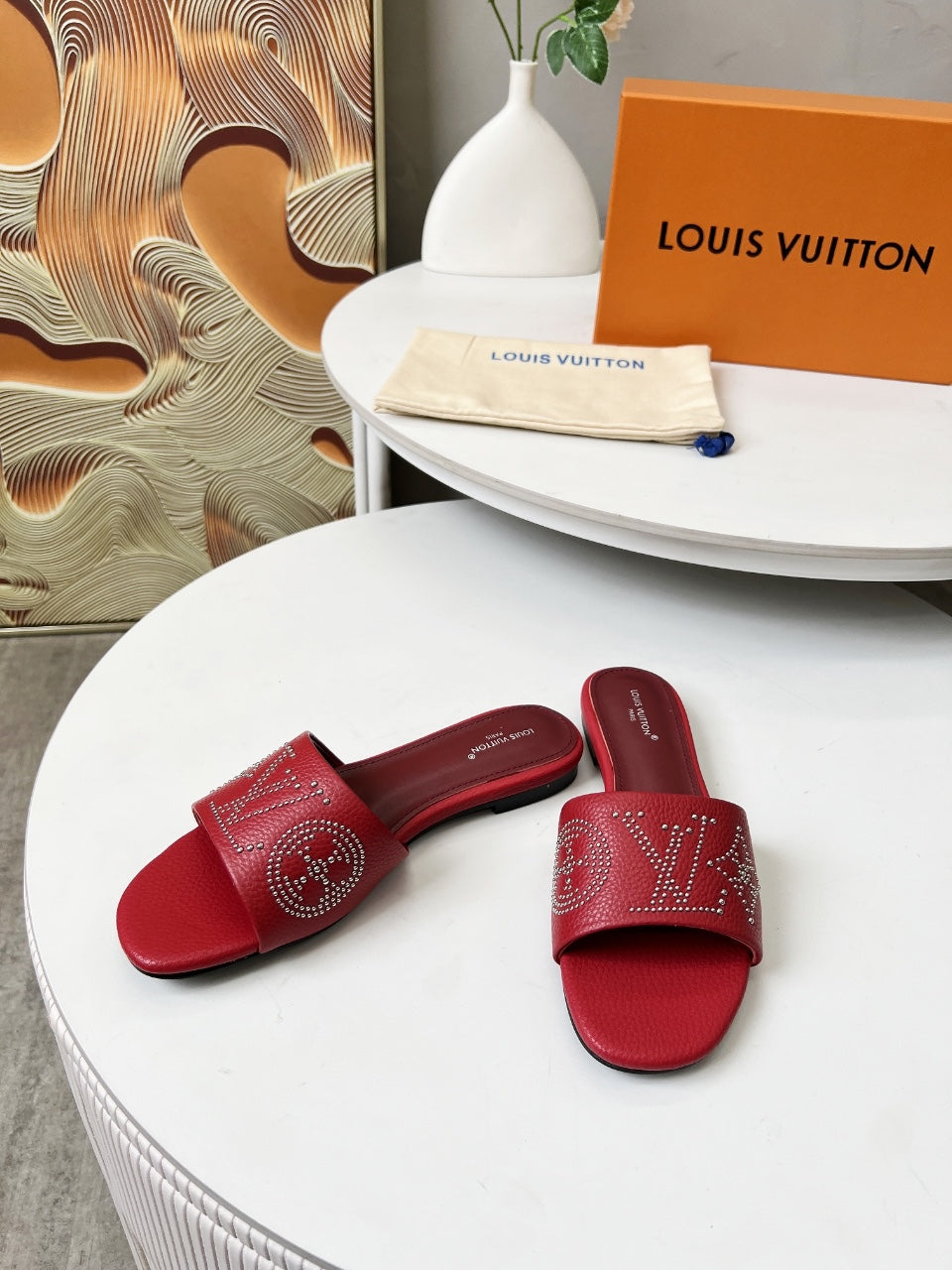 FLAT SLIDE IN RUBY RED LAMBSKIN WITH RHINSTONES - 35
